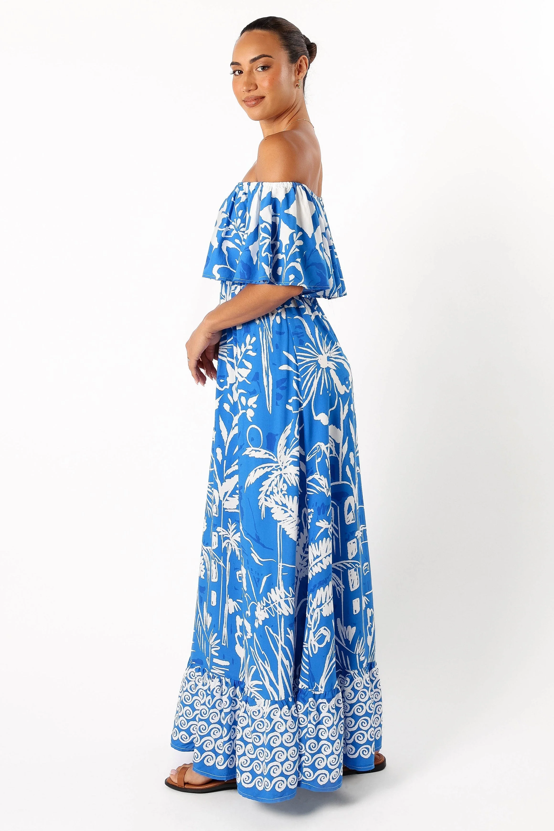 Pyros Off Shoulder Midi Dress - Harper Print