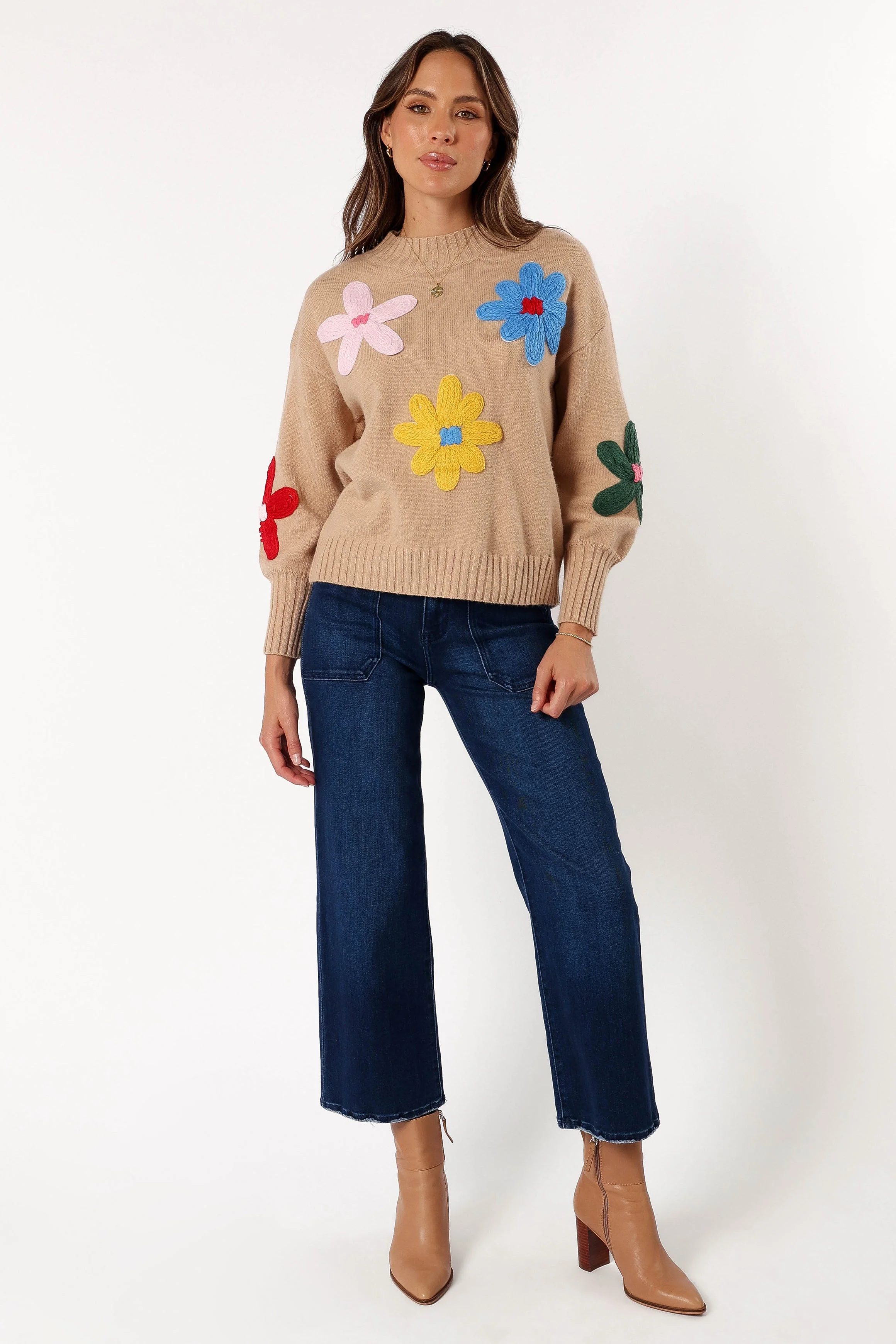 Raelynn Multi Color Flower Knit Sweater - Camel