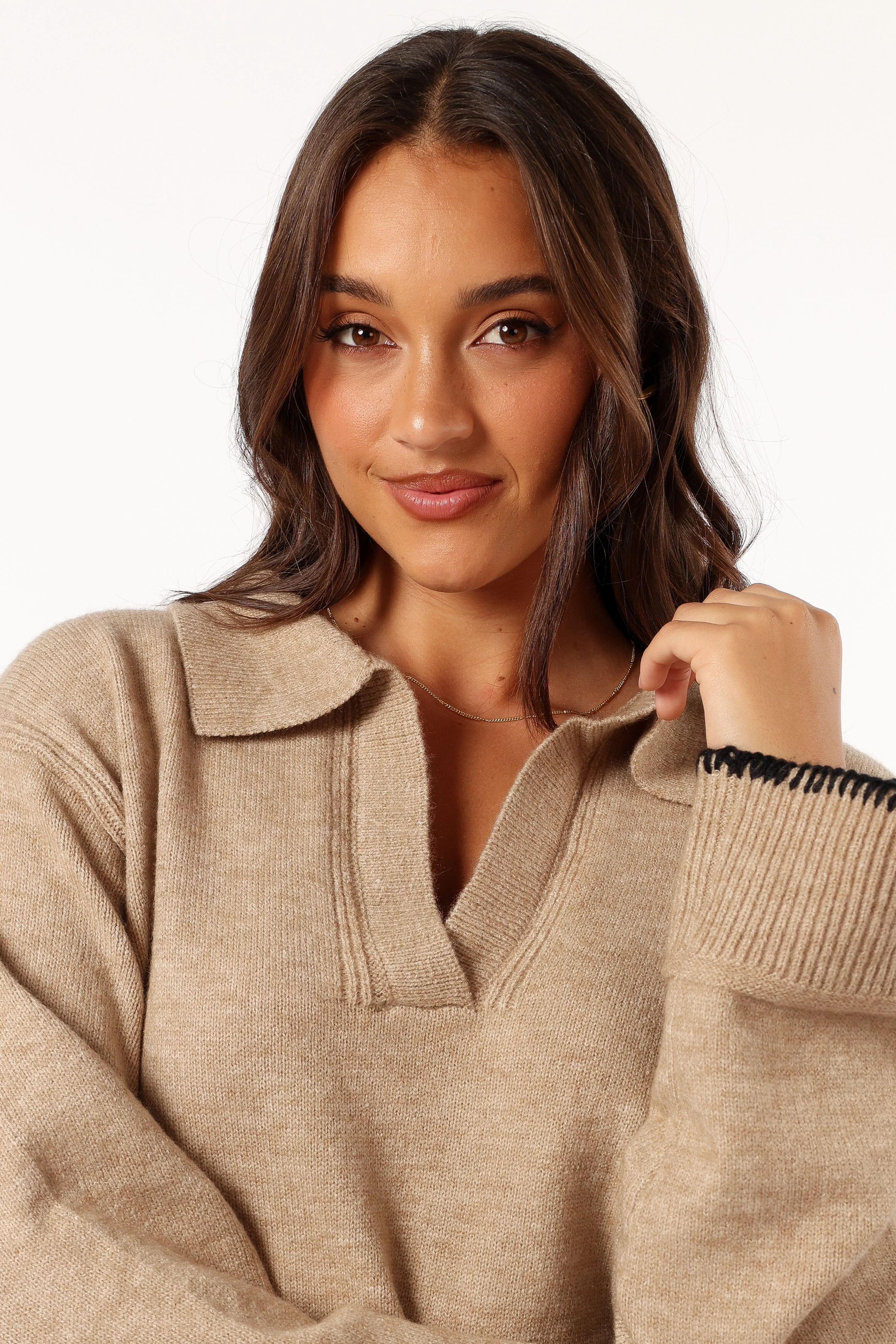 Elise Contrast Hem Knit Sweater - Taupe