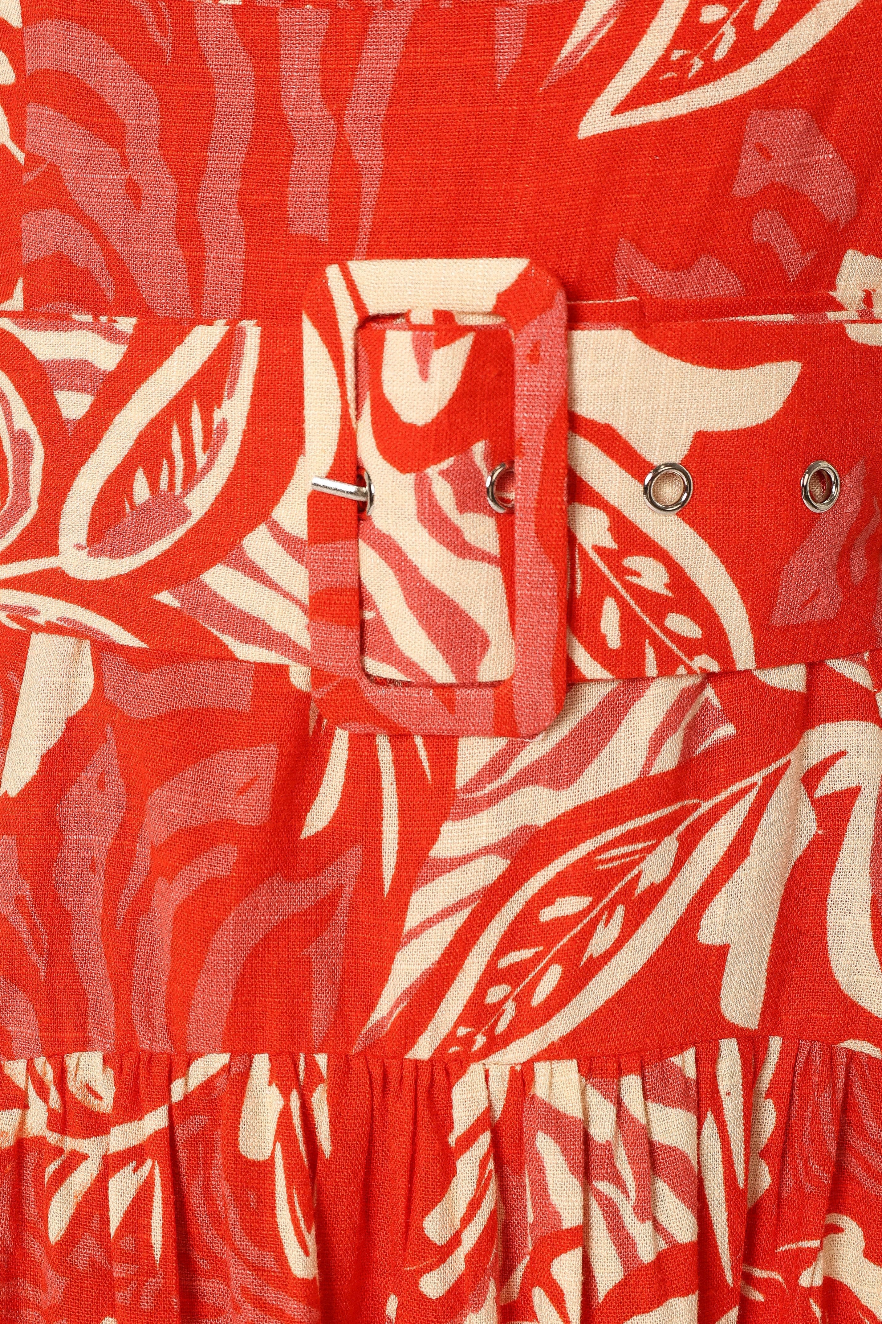 Loretta Belted Midi Dress - Red Floral