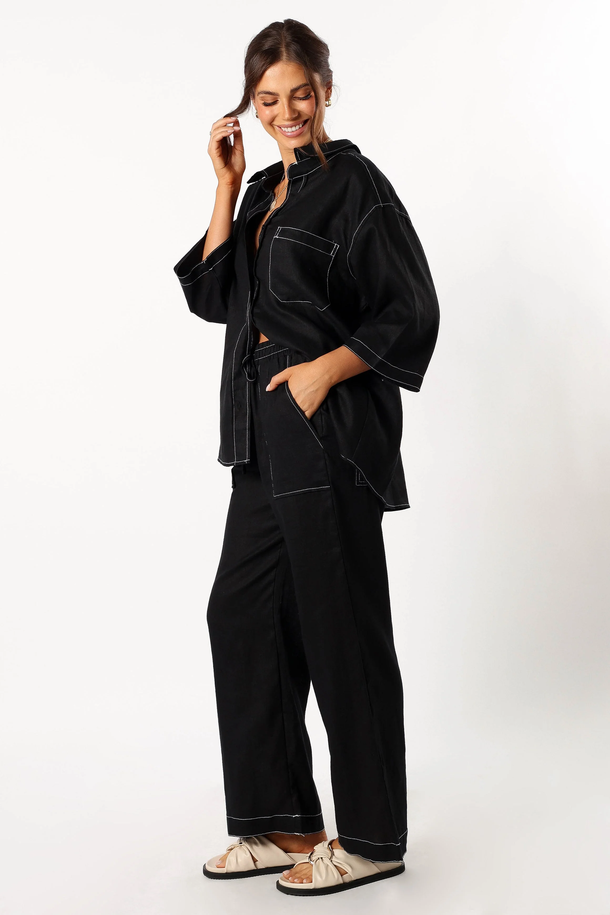 Sara Contrast Stitch Pants - Black