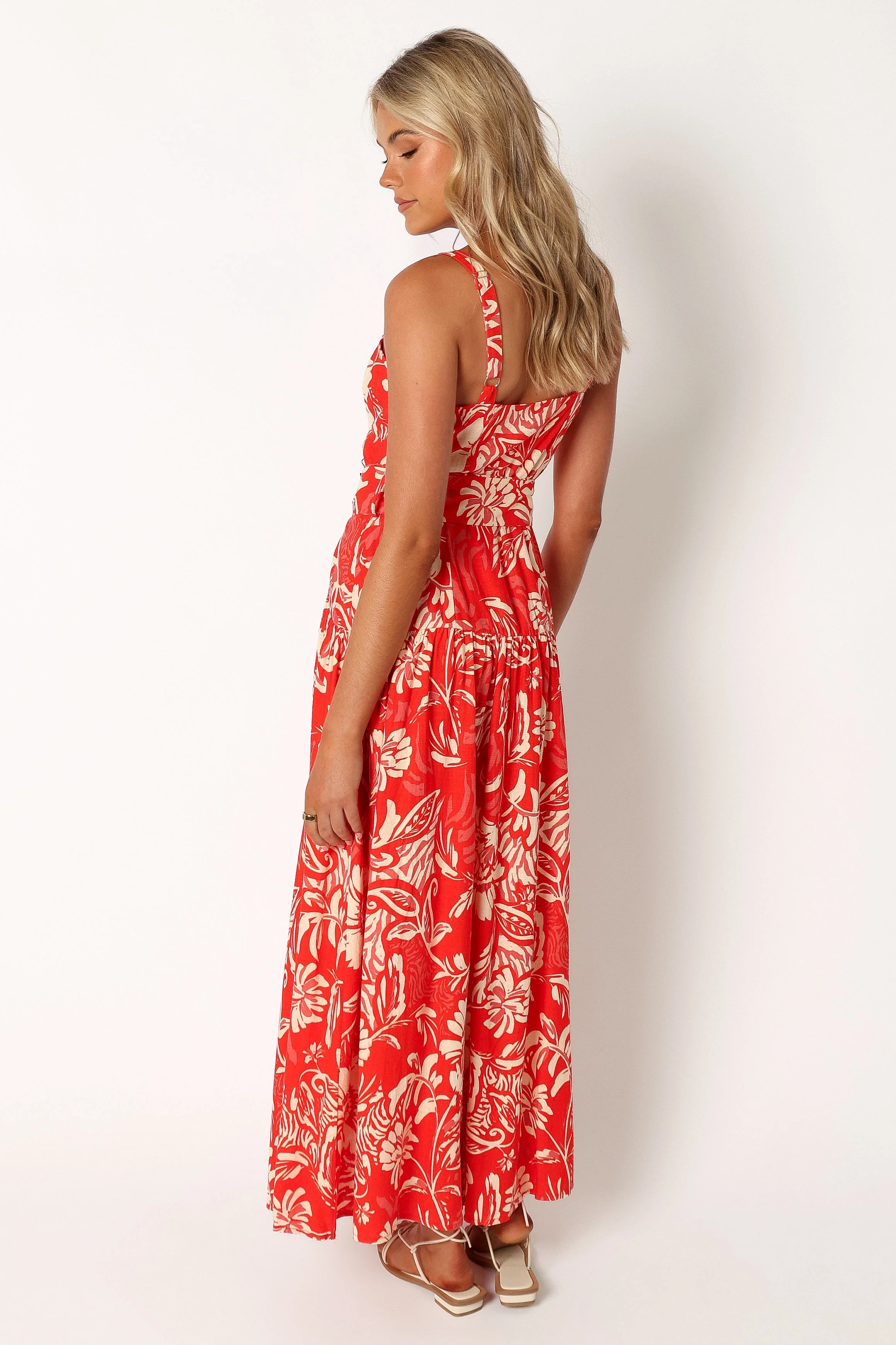 Loretta Belted Midi Dress - Red Floral