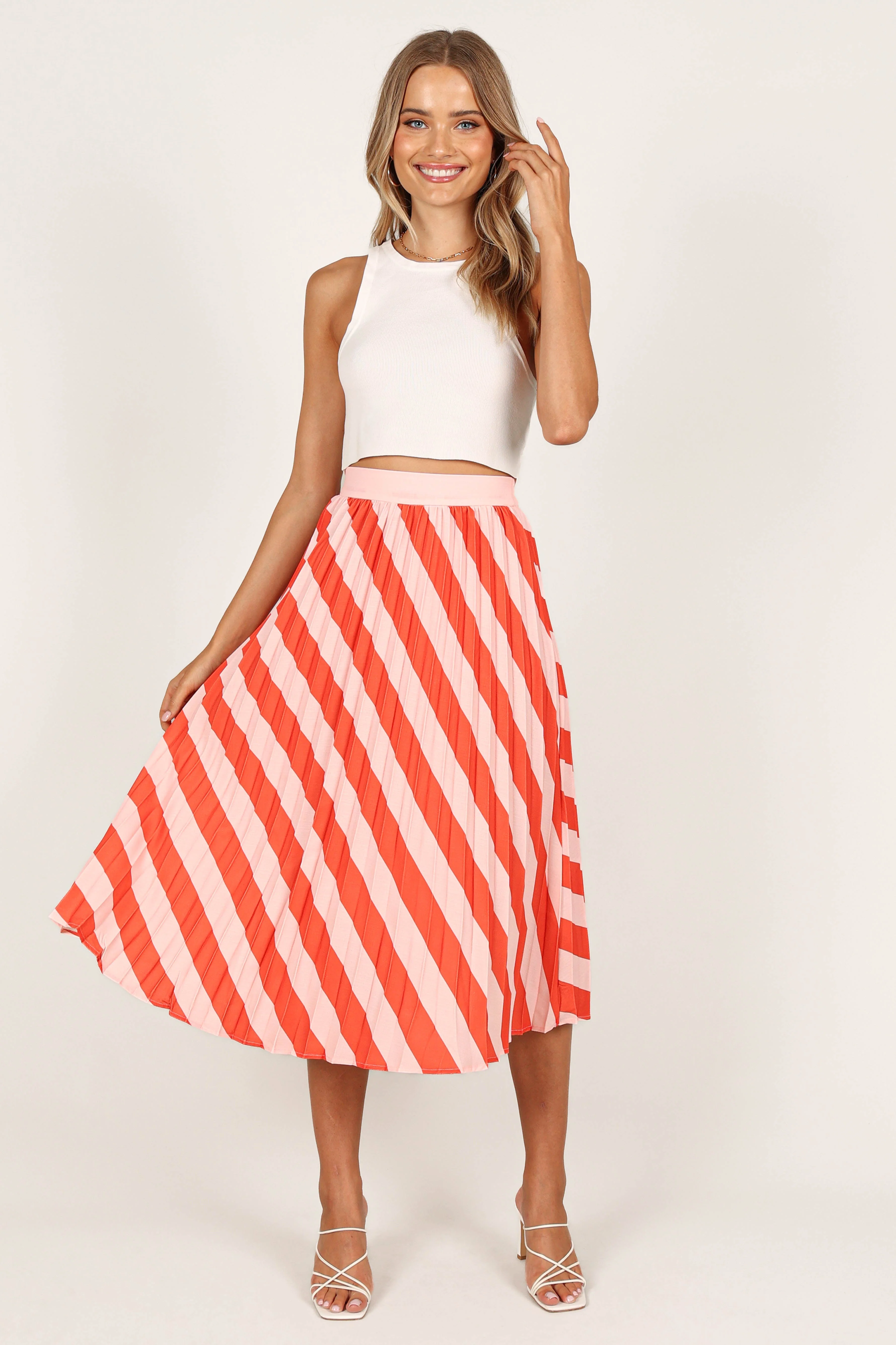 Kimberly Pleat Midi Skirt - Pink Stripe