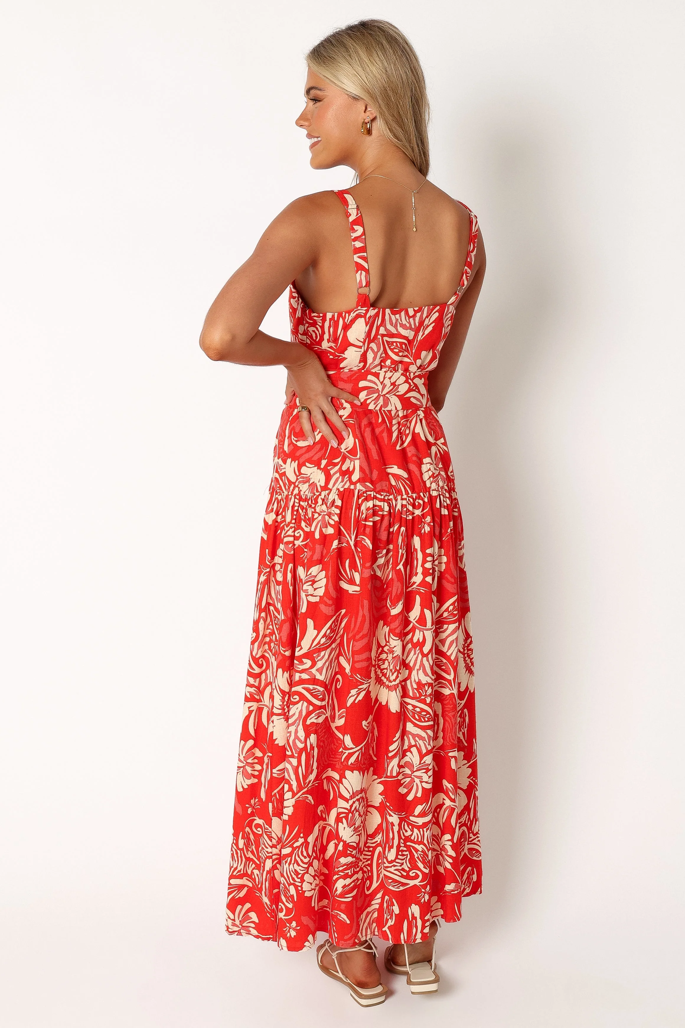 Loretta Belted Midi Dress - Red Floral