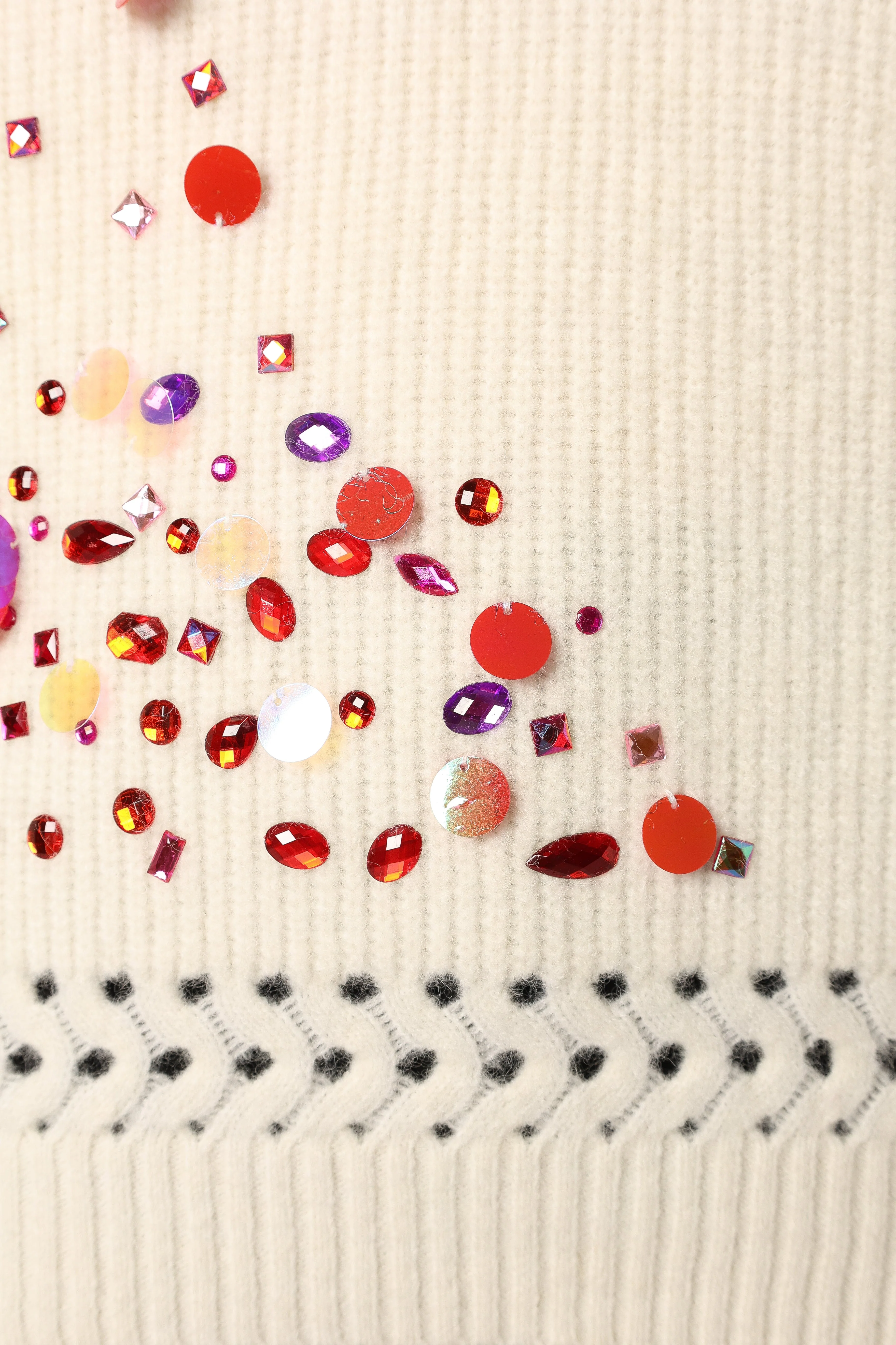 Journee Jewel Embellished V Neck Knit Sweater - Cream