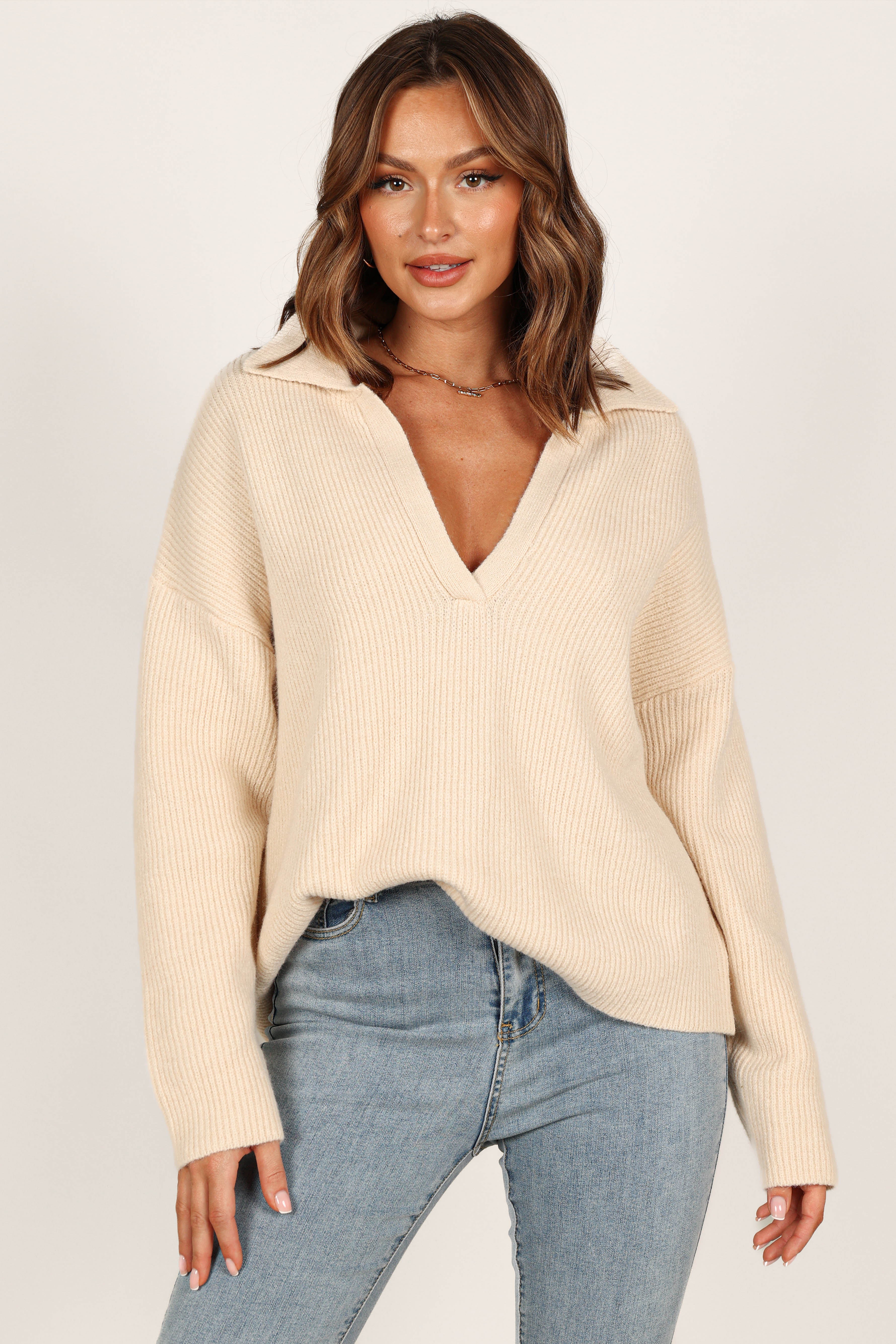 Zala Vneck Collar Knit Sweater - Beige
