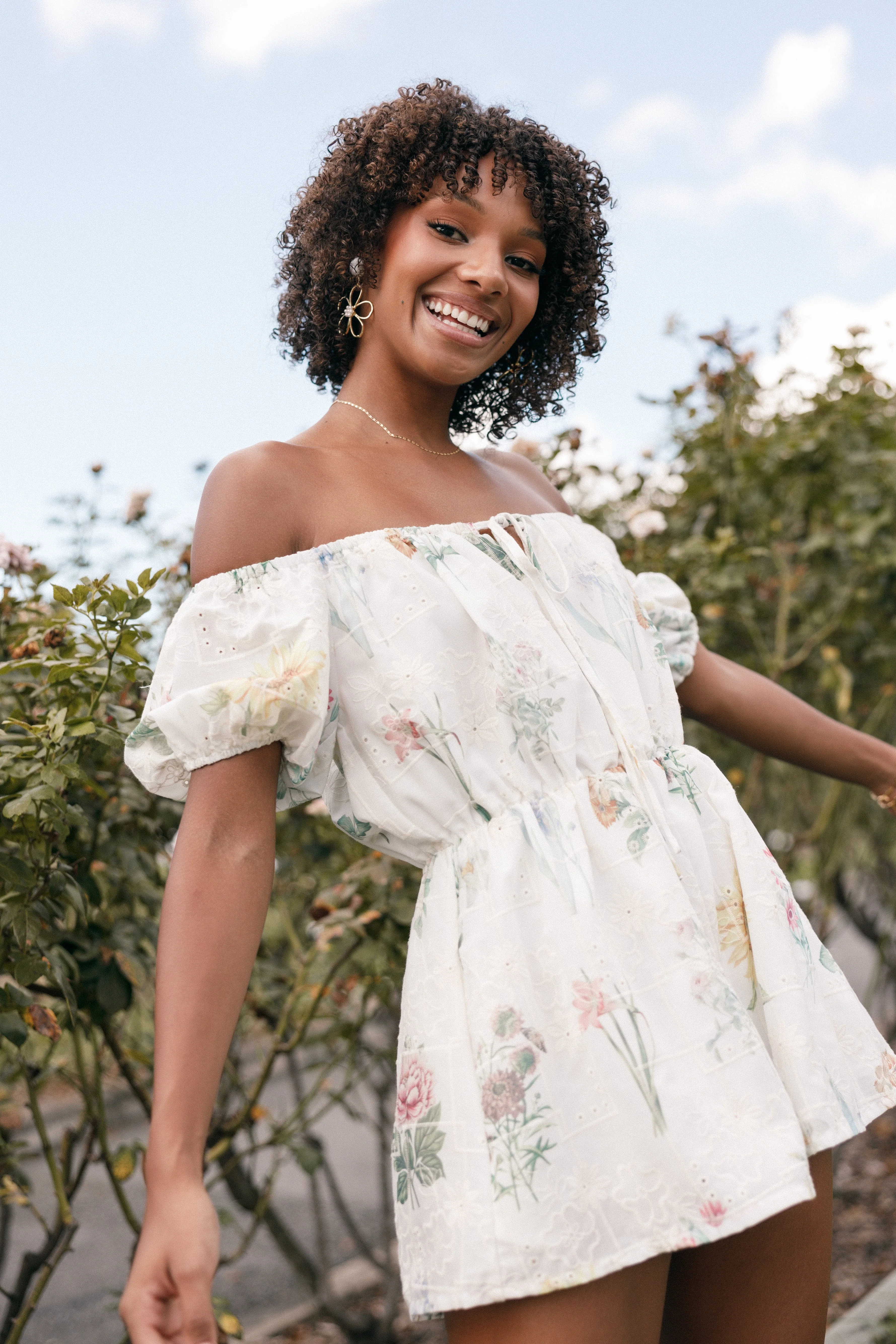 Keleigh Off Shoulder Playsuit - White Floral