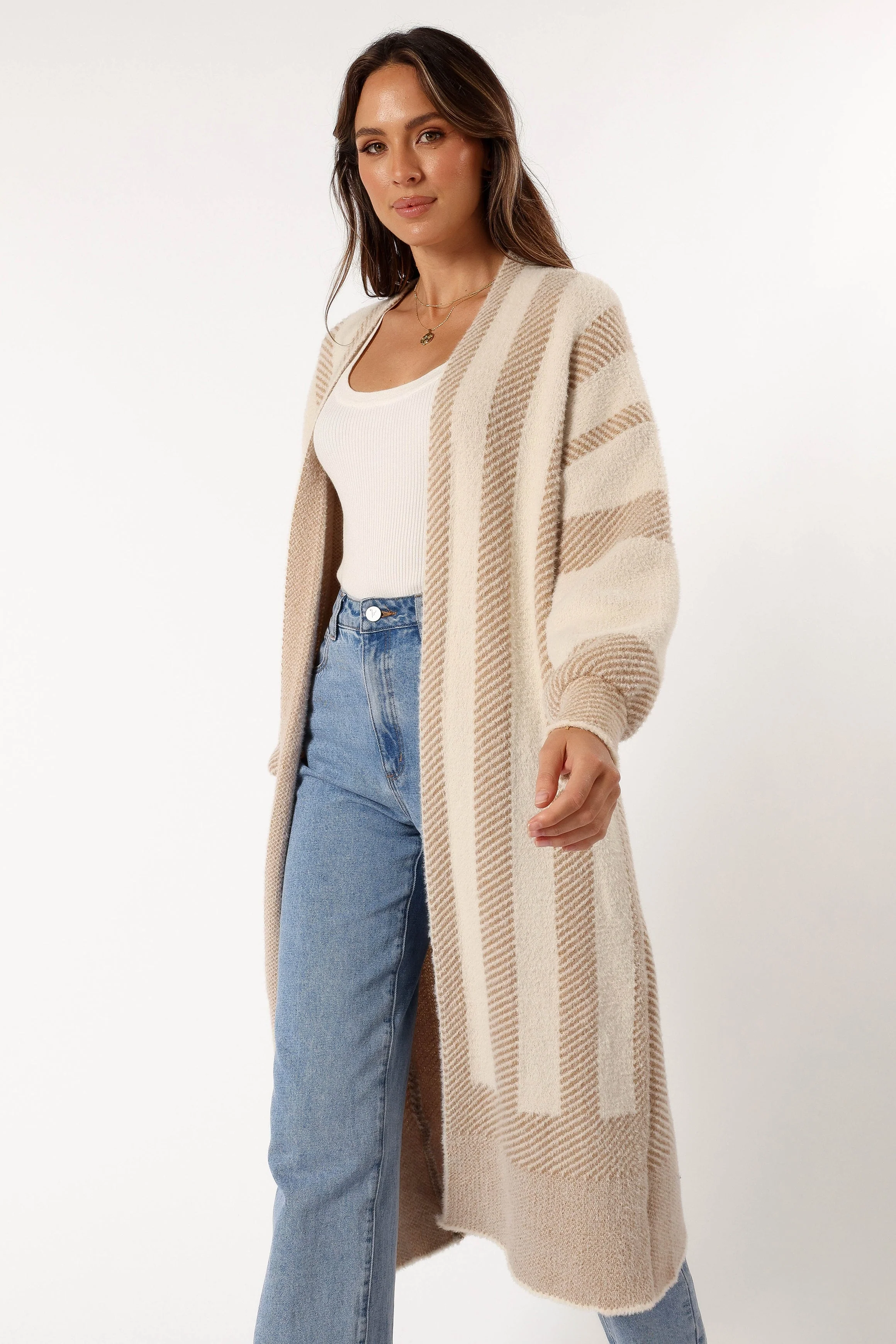 Anita Stripe Long Cardigan - Beige