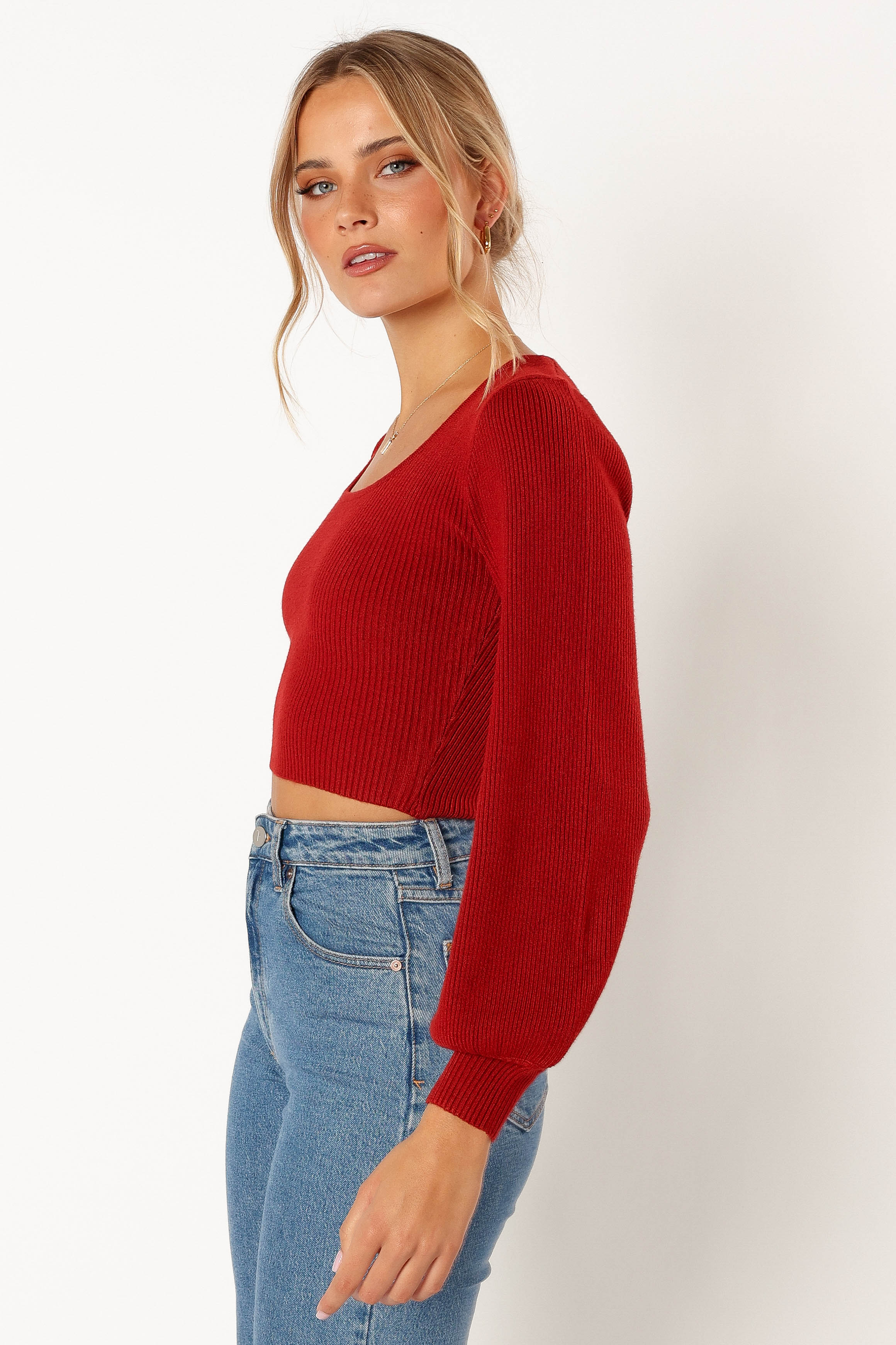 Daphne Crewneck Bubble Sleeve Knit Sweater - Burgundy