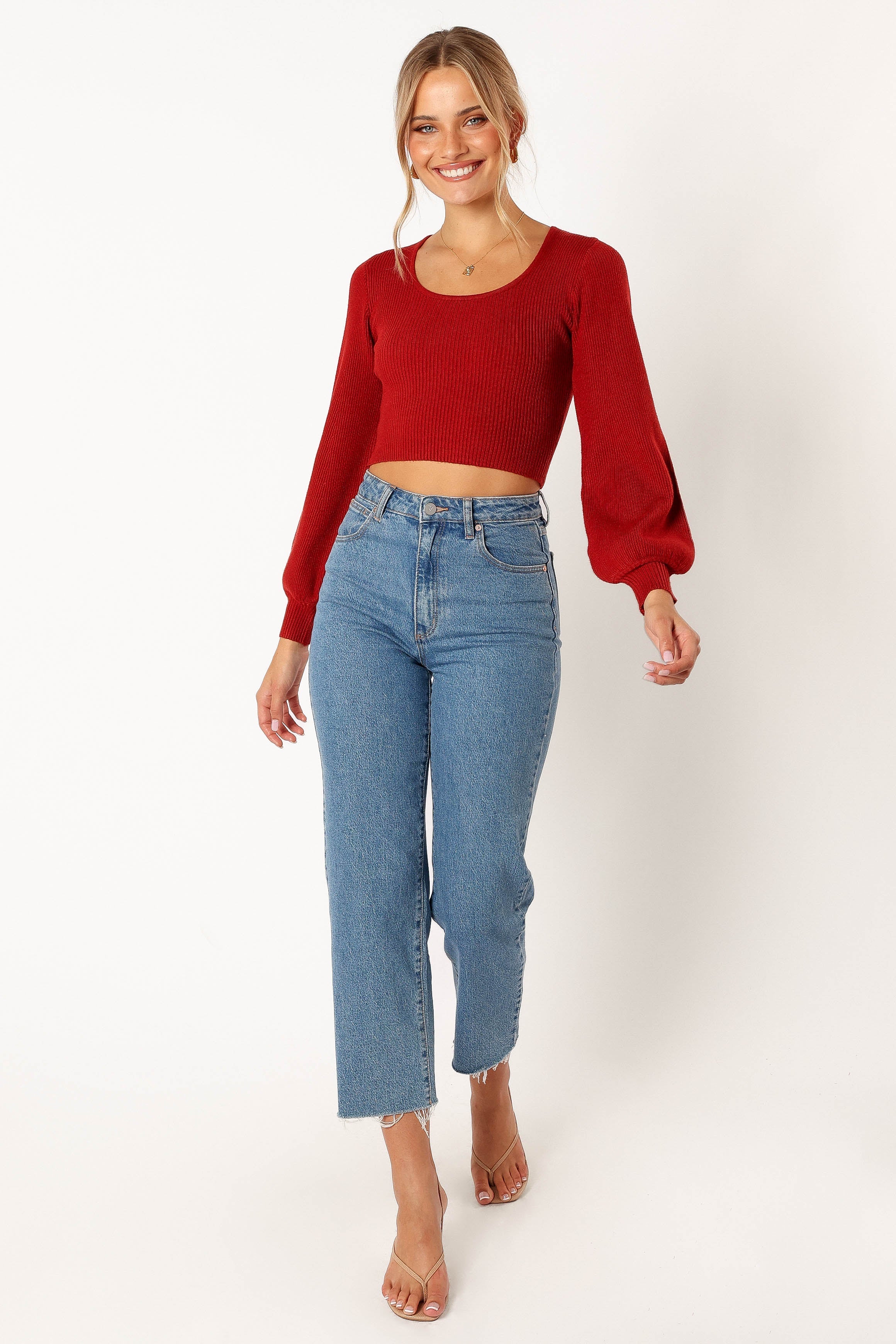 Daphne Crewneck Bubble Sleeve Knit Sweater - Burgundy