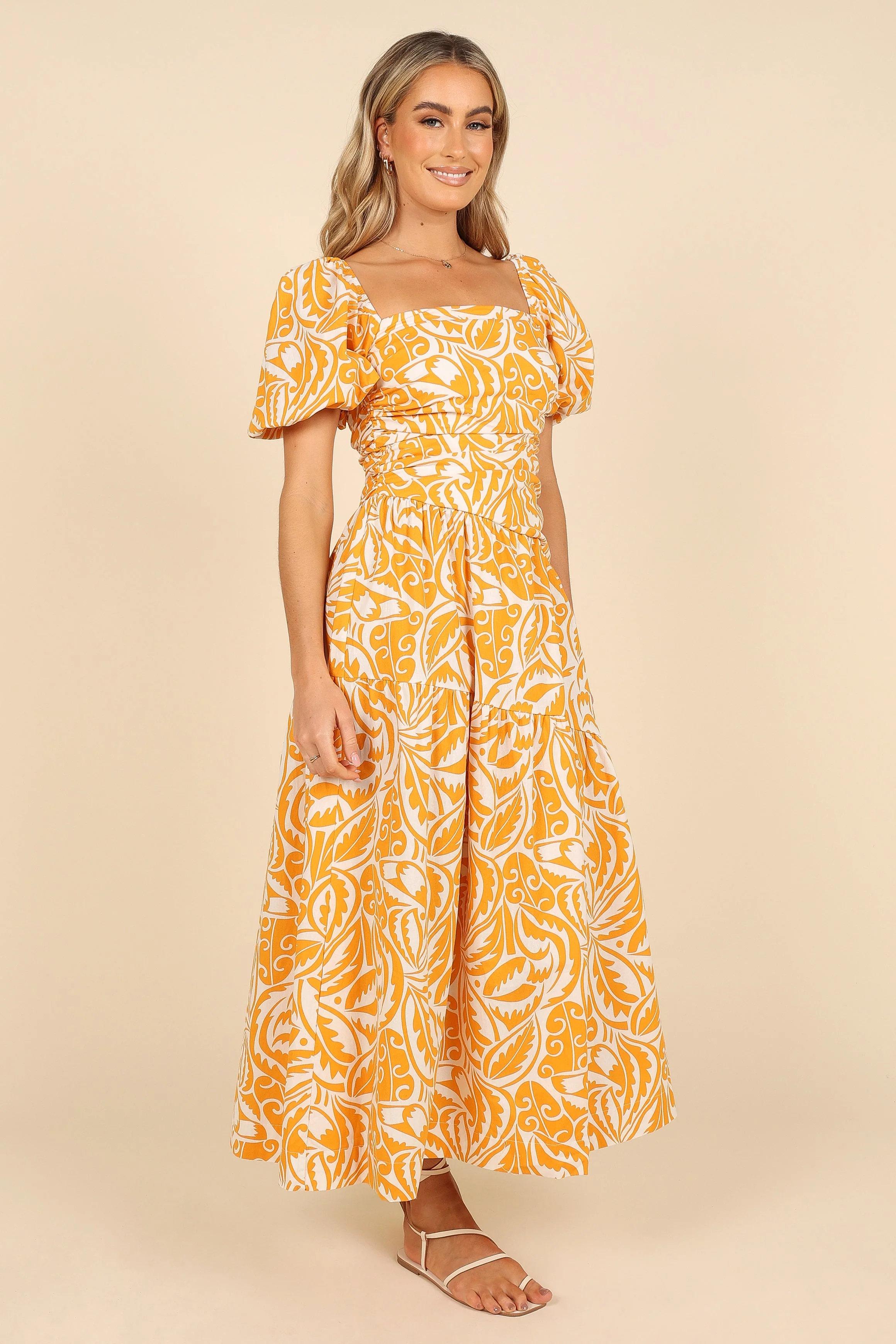 Gaylia Puff Sleeve Midi Dress - White/Orange