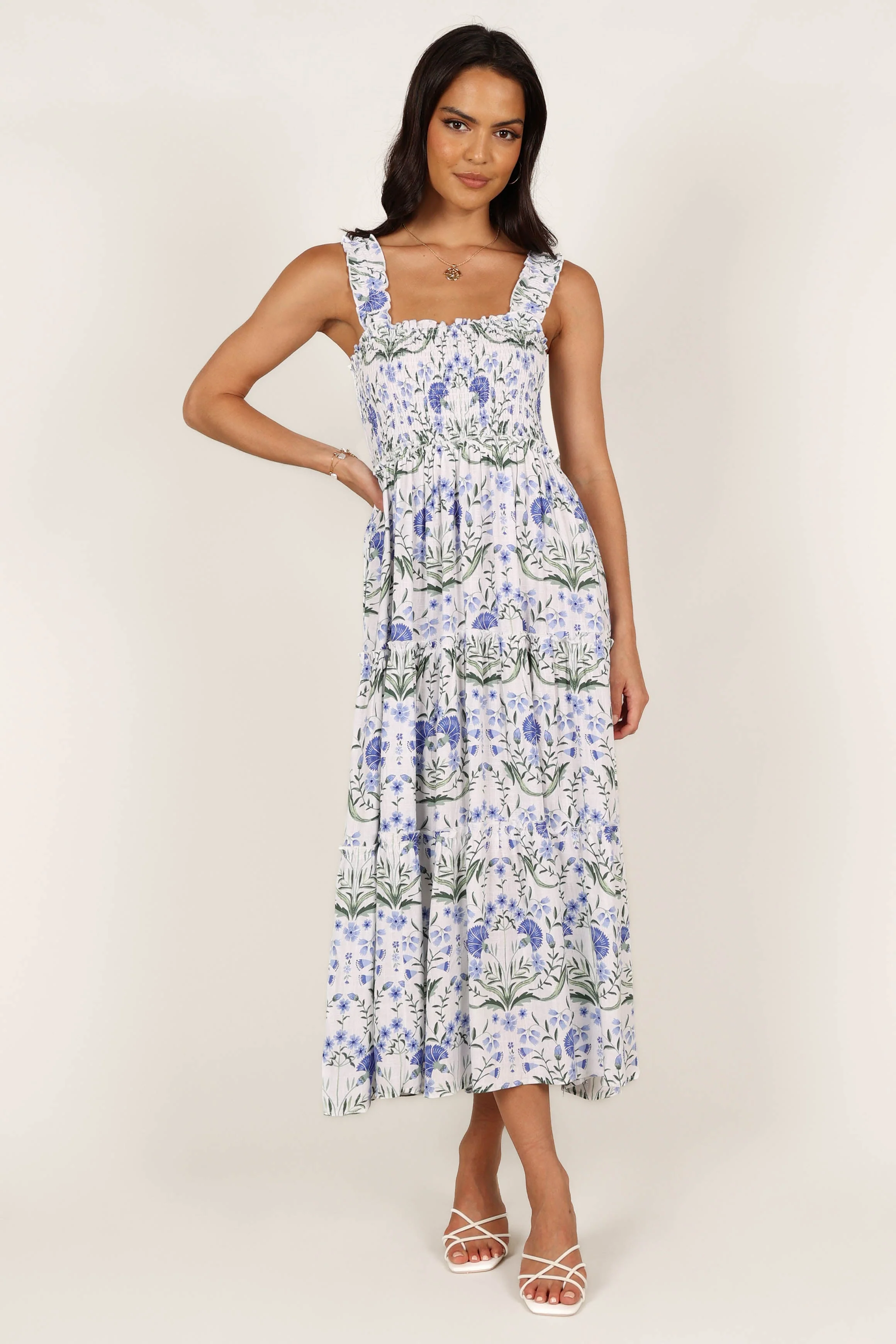 August Shirred Maxi Dress - Blue Floral