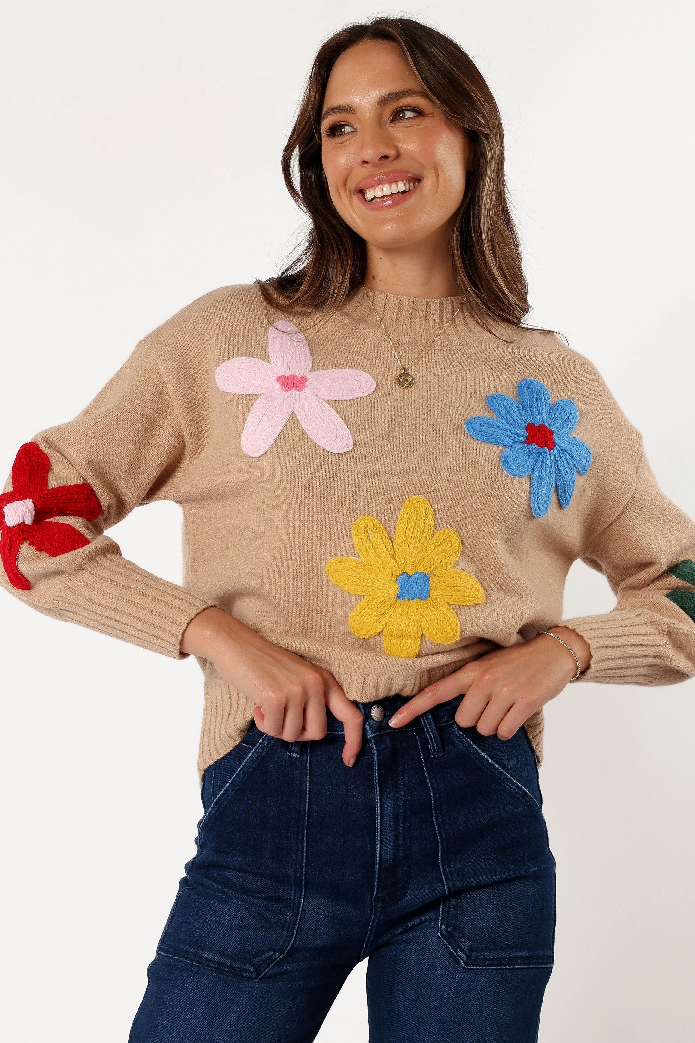 Raelynn Multi Color Flower Knit Sweater - Camel