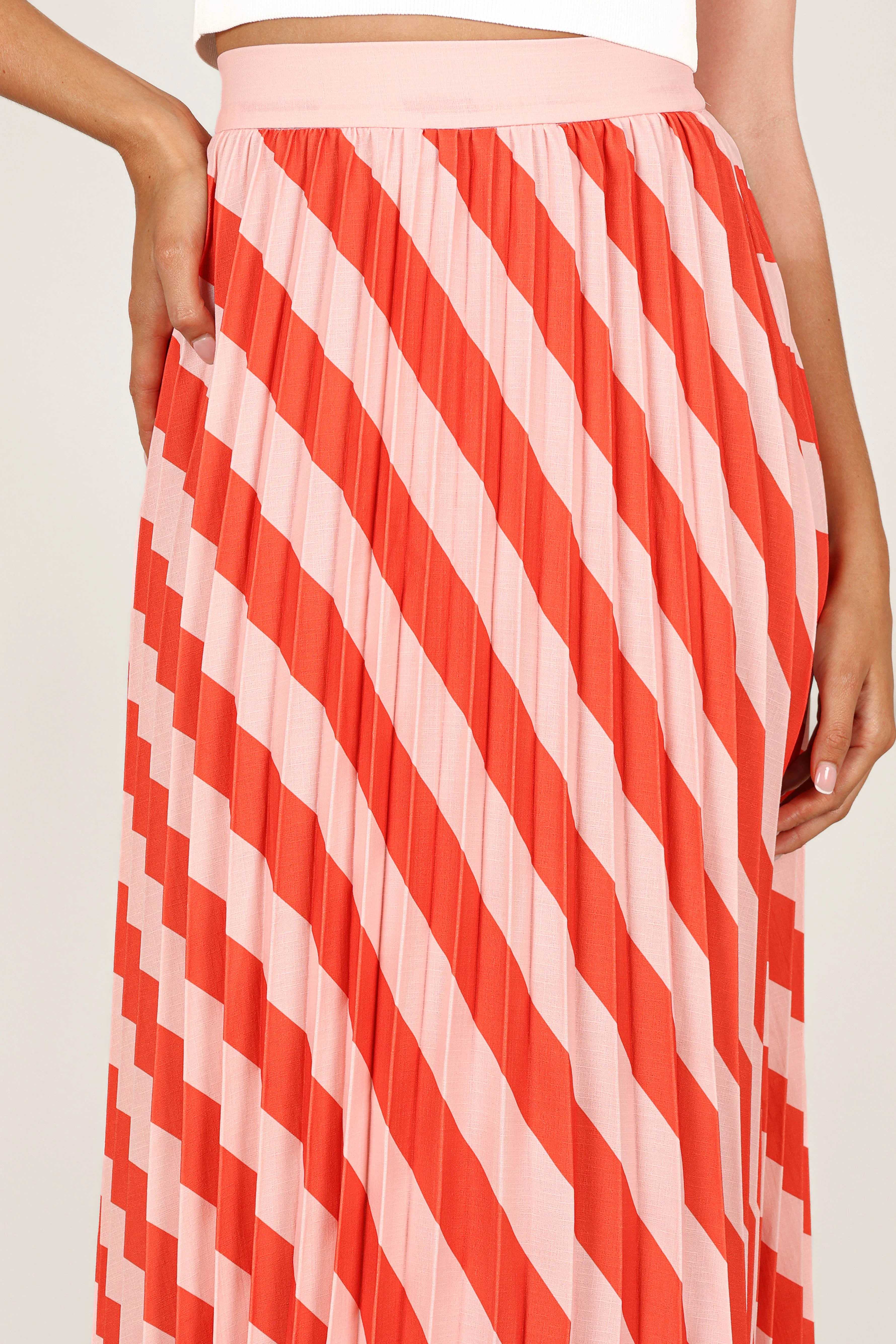 Kimberly Pleat Midi Skirt - Pink Stripe