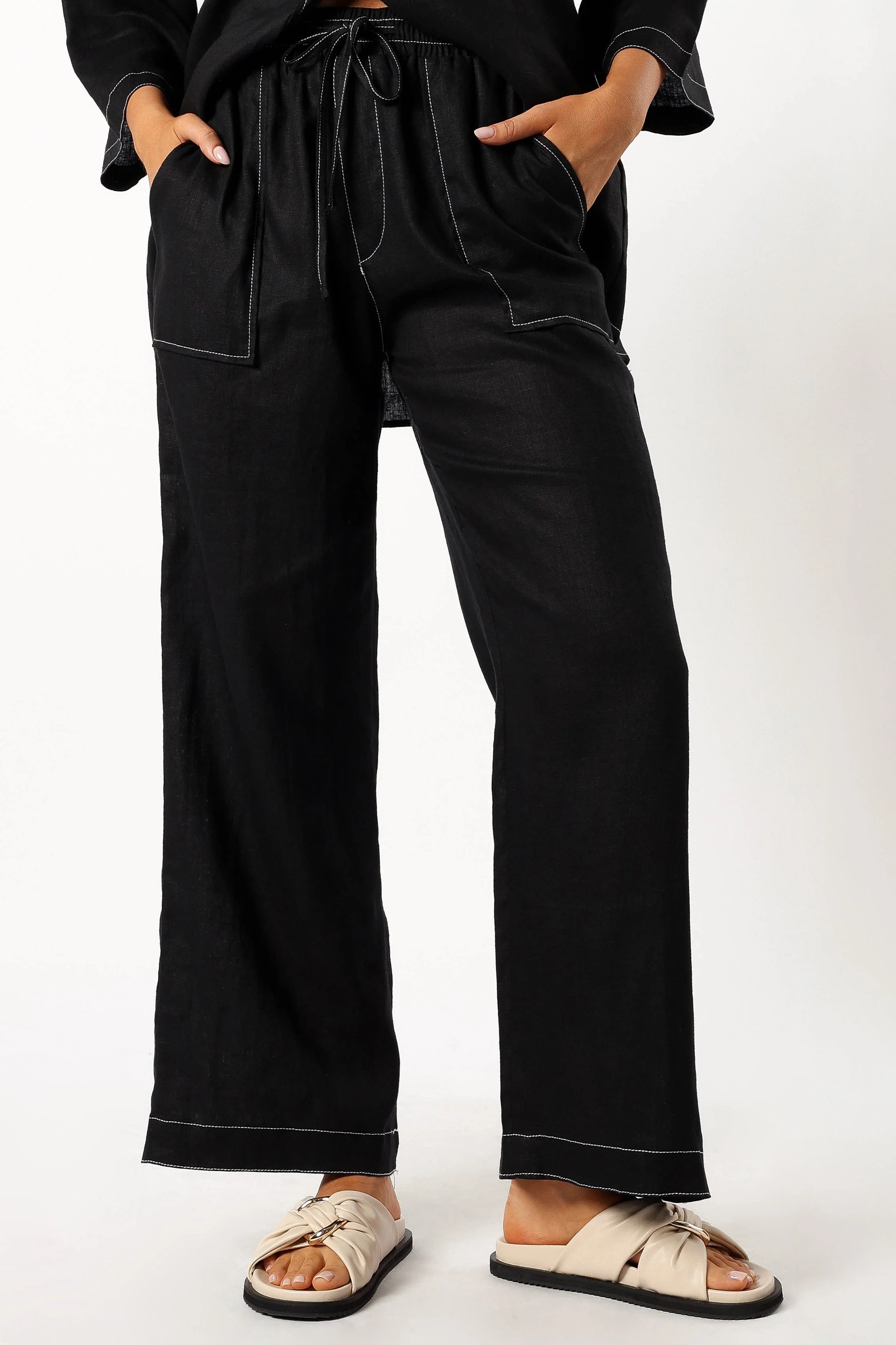 Sara Contrast Stitch Pants - Black