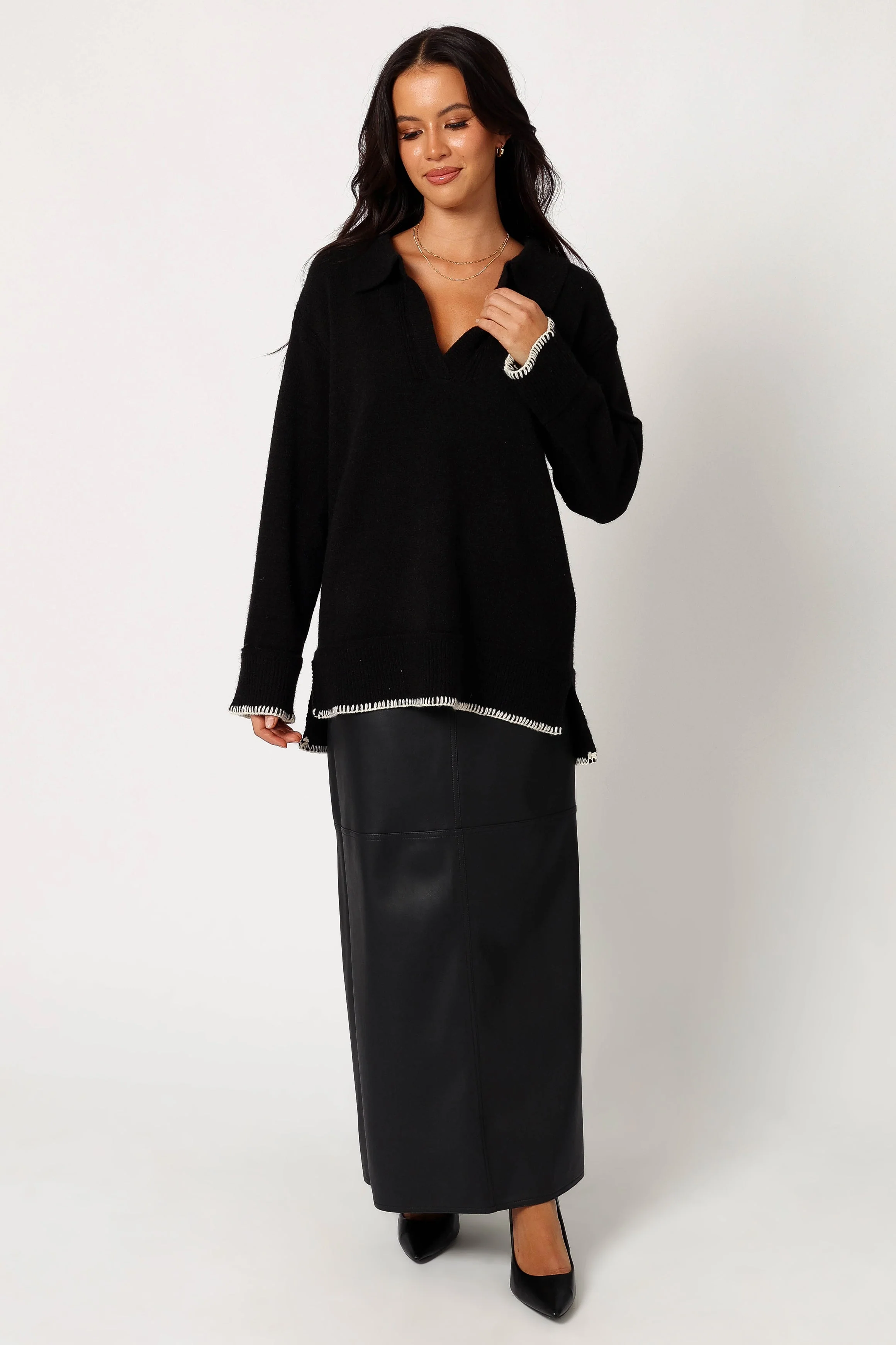 Elise Contrast Hem Knit Sweater - Black