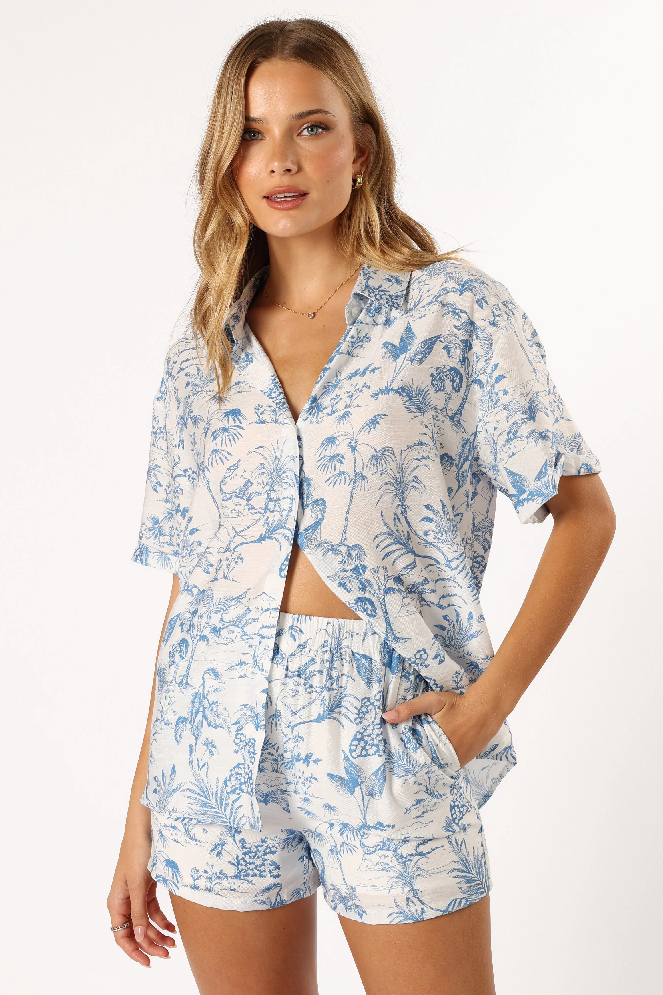 Faye Button Down Top - White/Blue