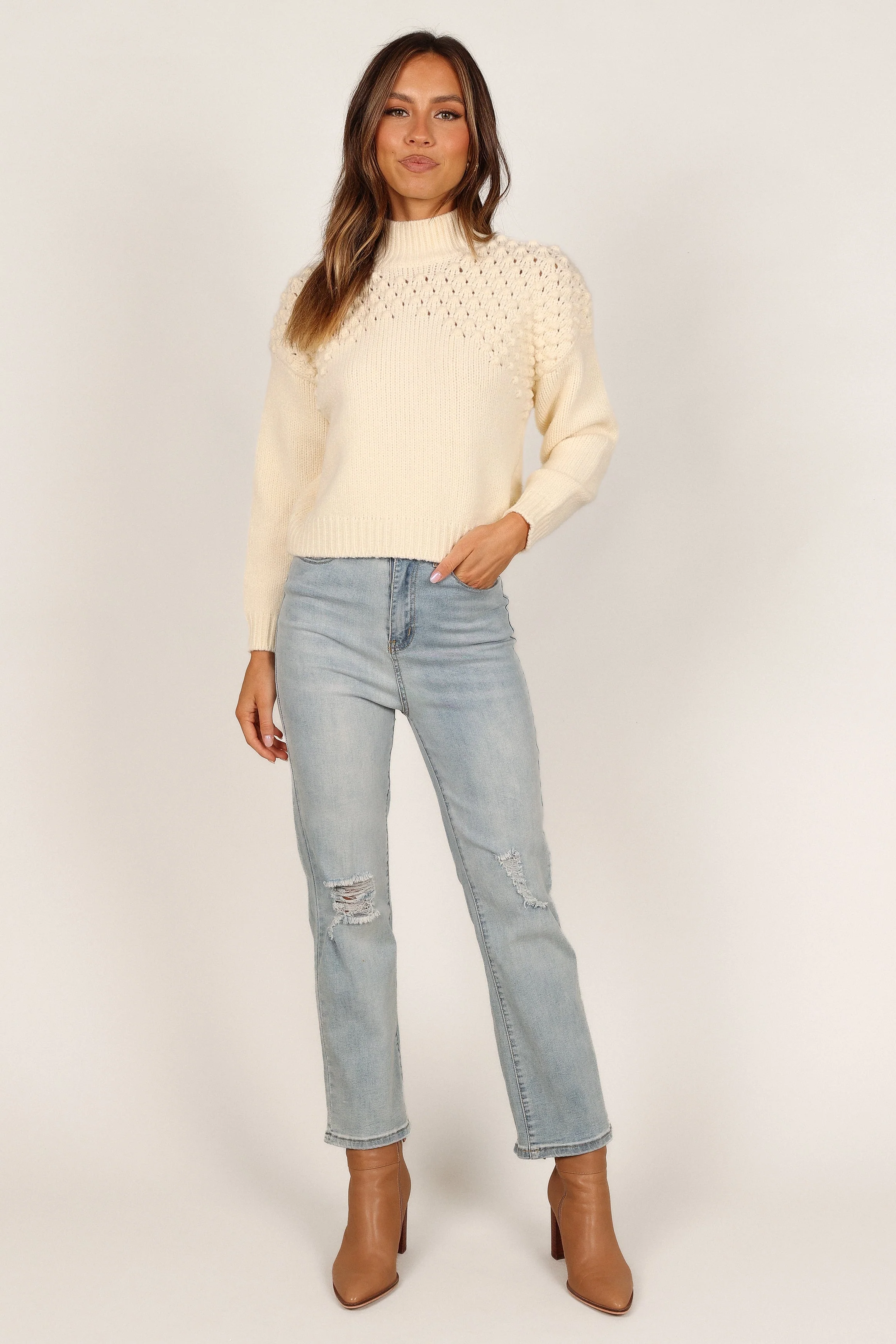 Mia Textured Shoulder Knit Sweater - Cream