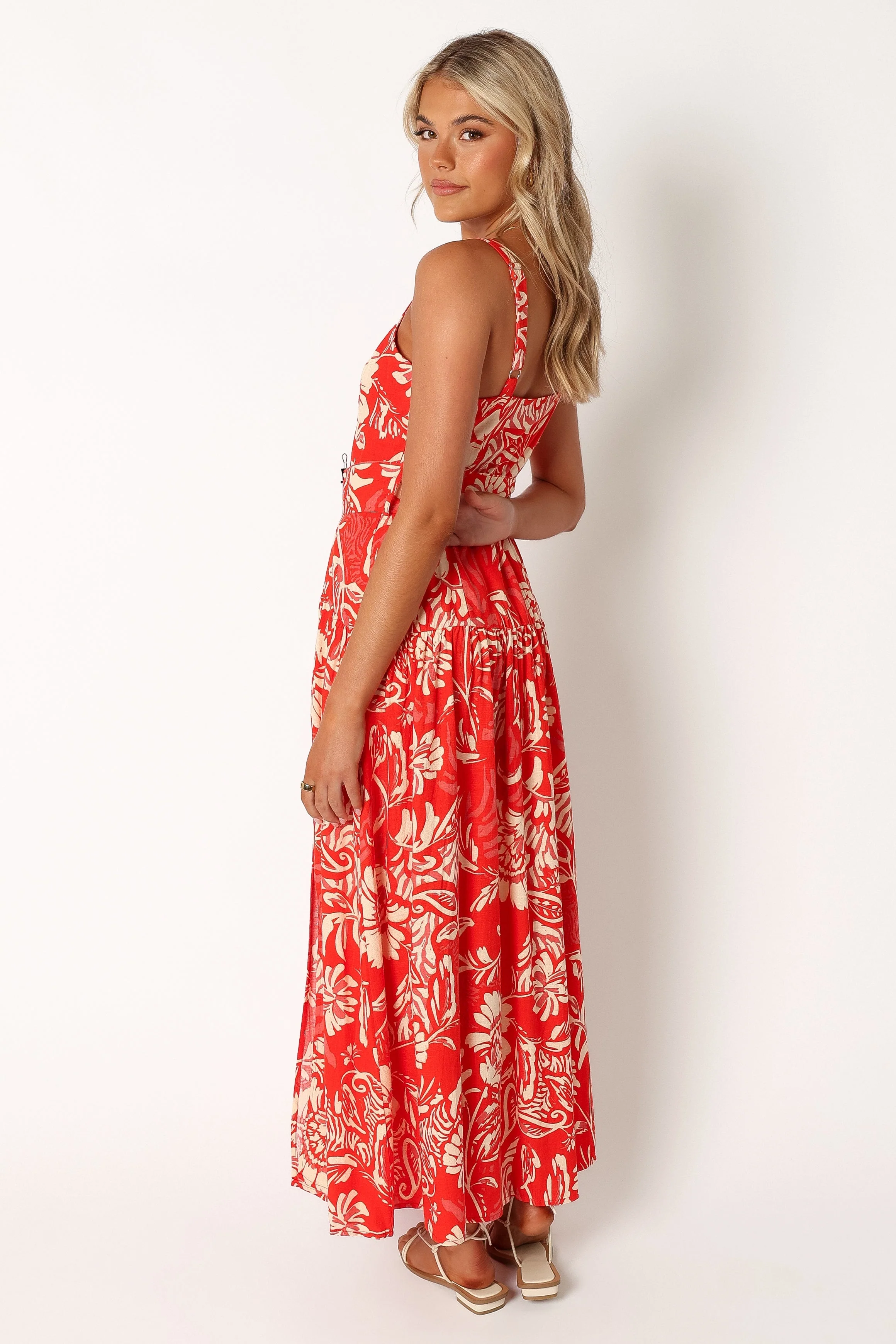 Loretta Belted Midi Dress - Red Floral