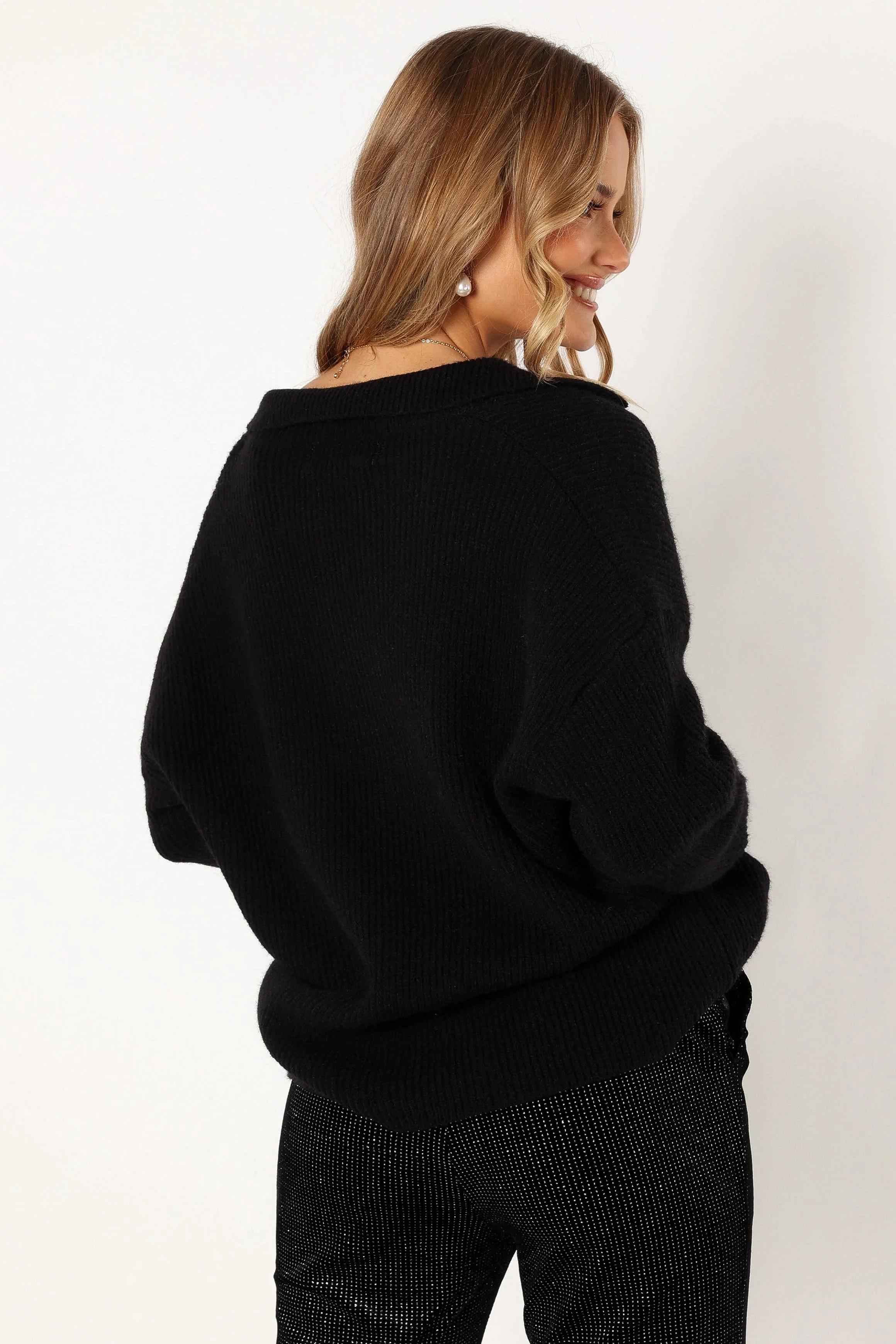 Zala Vneck Collar Knit Sweater - Black