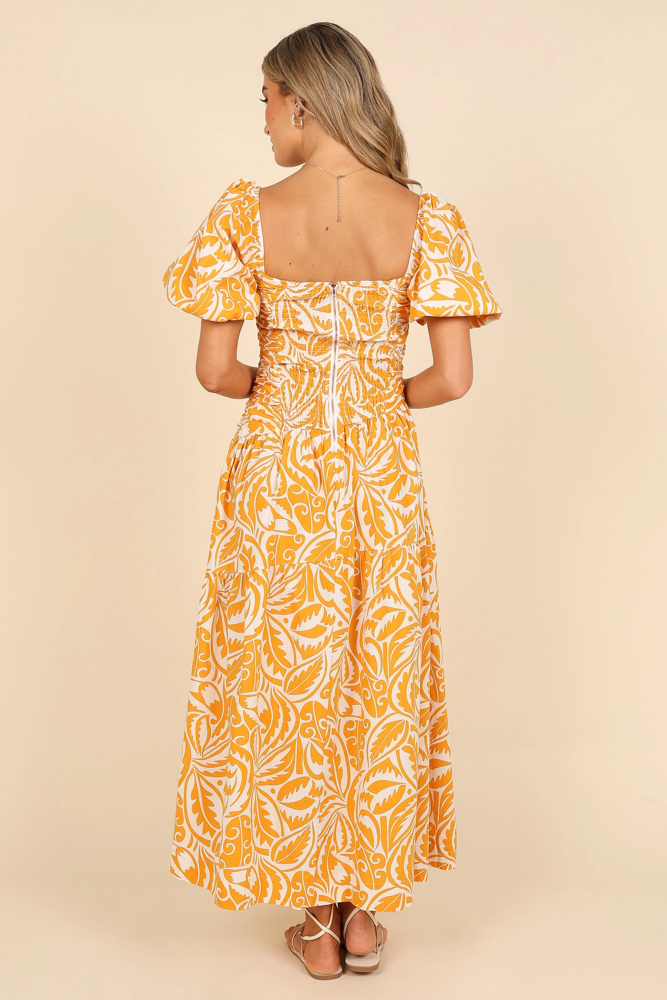 Gaylia Puff Sleeve Midi Dress - White/Orange