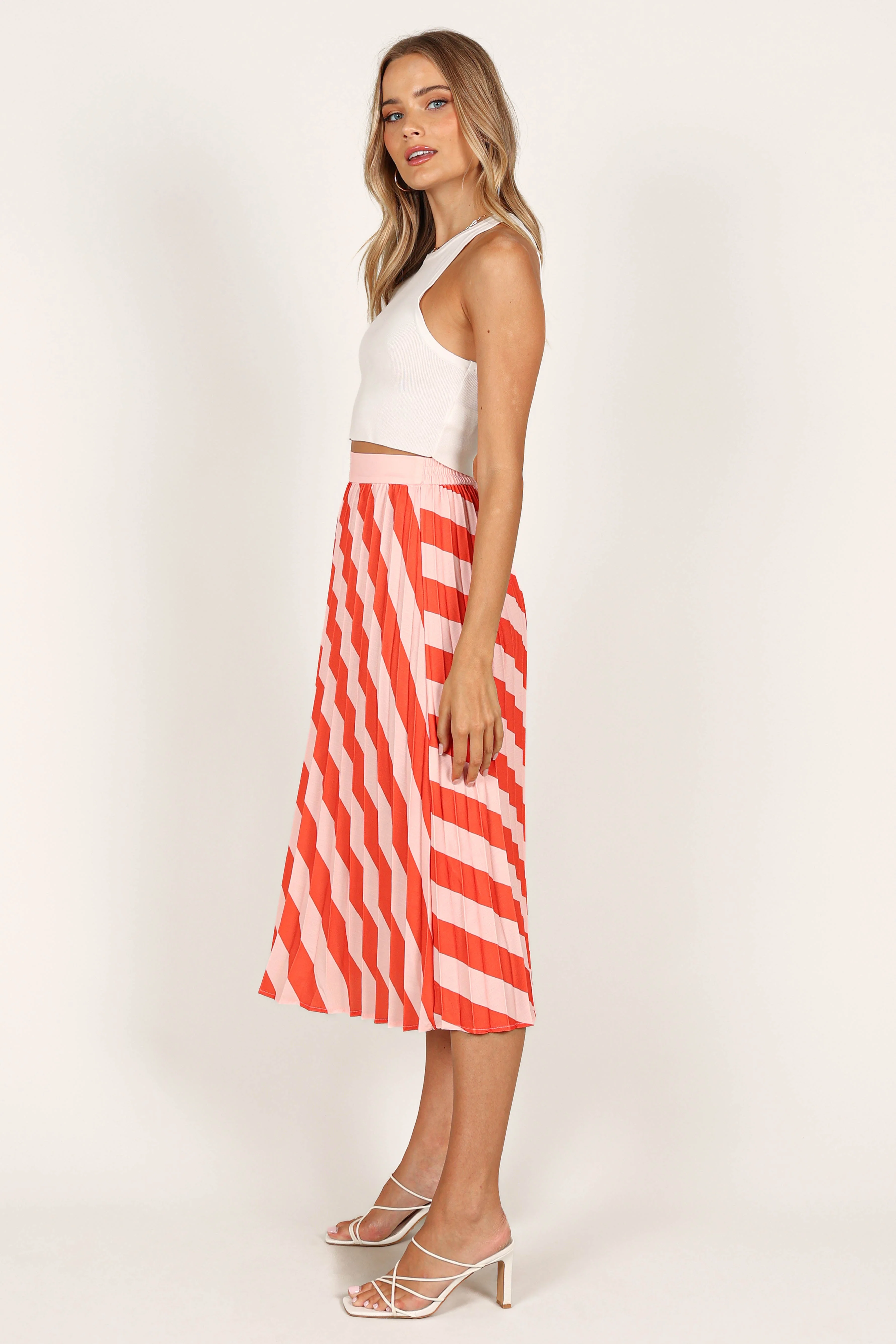 Kimberly Pleat Midi Skirt - Pink Stripe