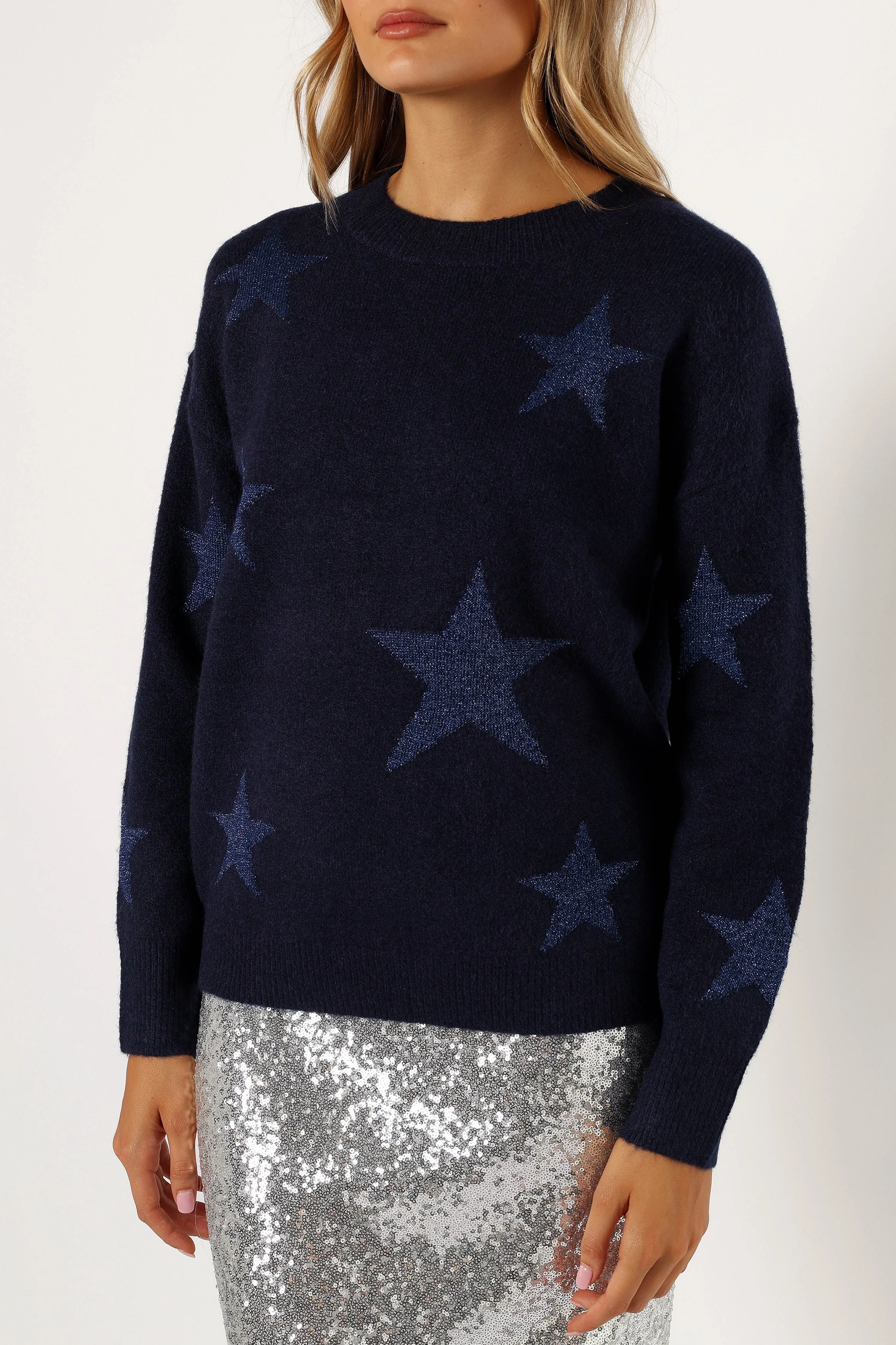 Rosalina Crewneck Shimmer Star Knit Sweater - Navy