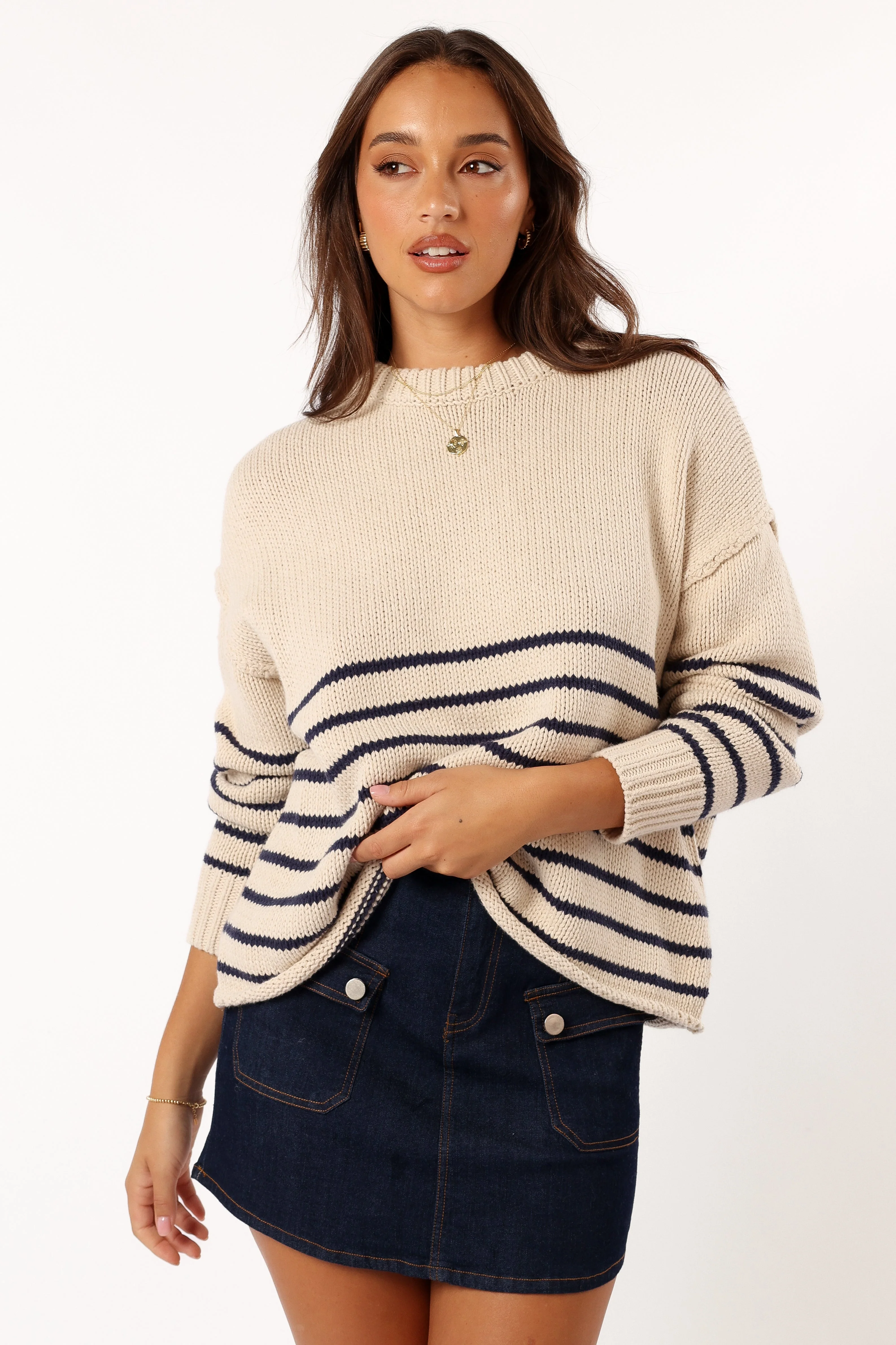 Tenzie Stripe Knit Sweater - Natural Navy