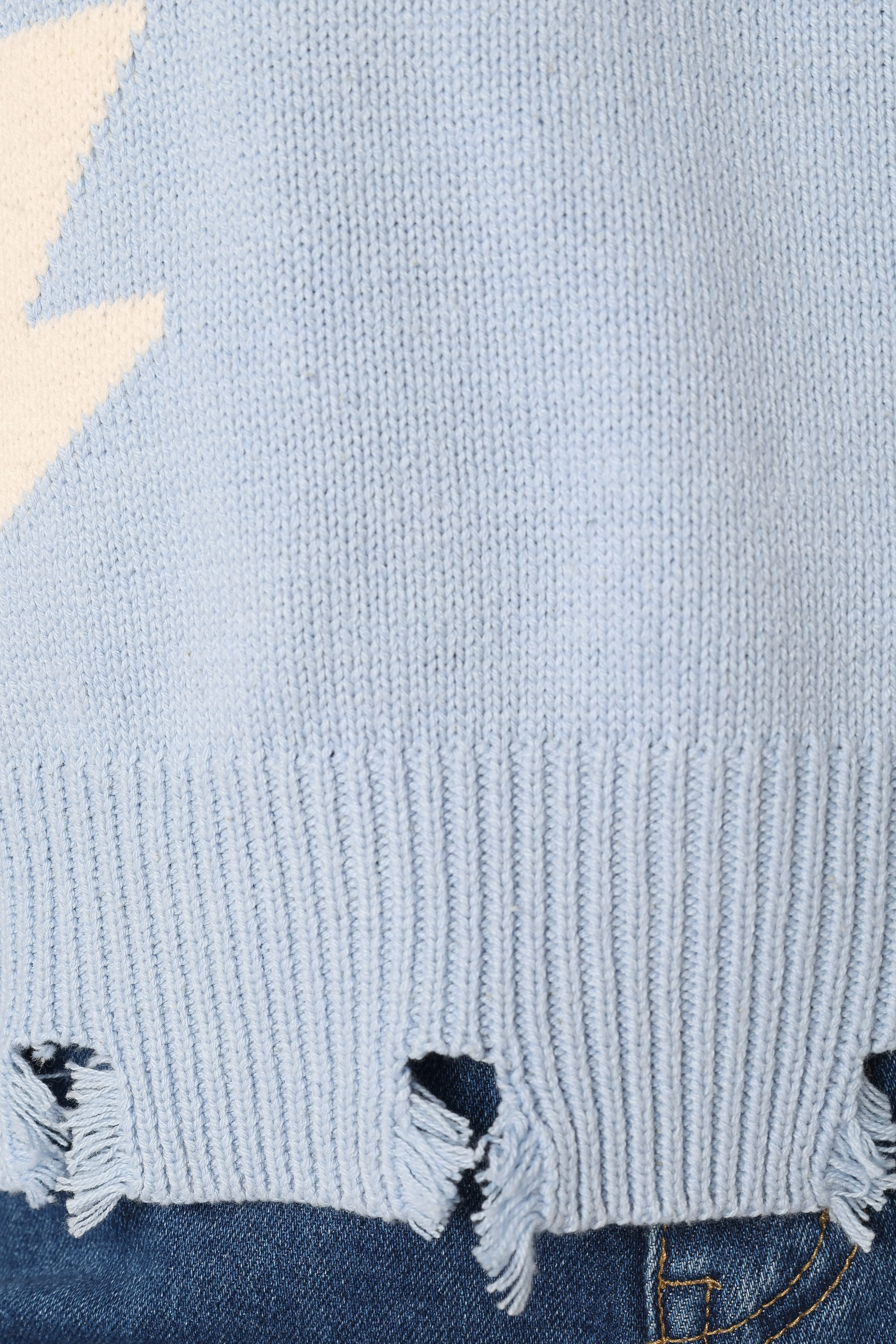 Lightning Bolt Printed Fray Detail Knit Sweater - Light Blue