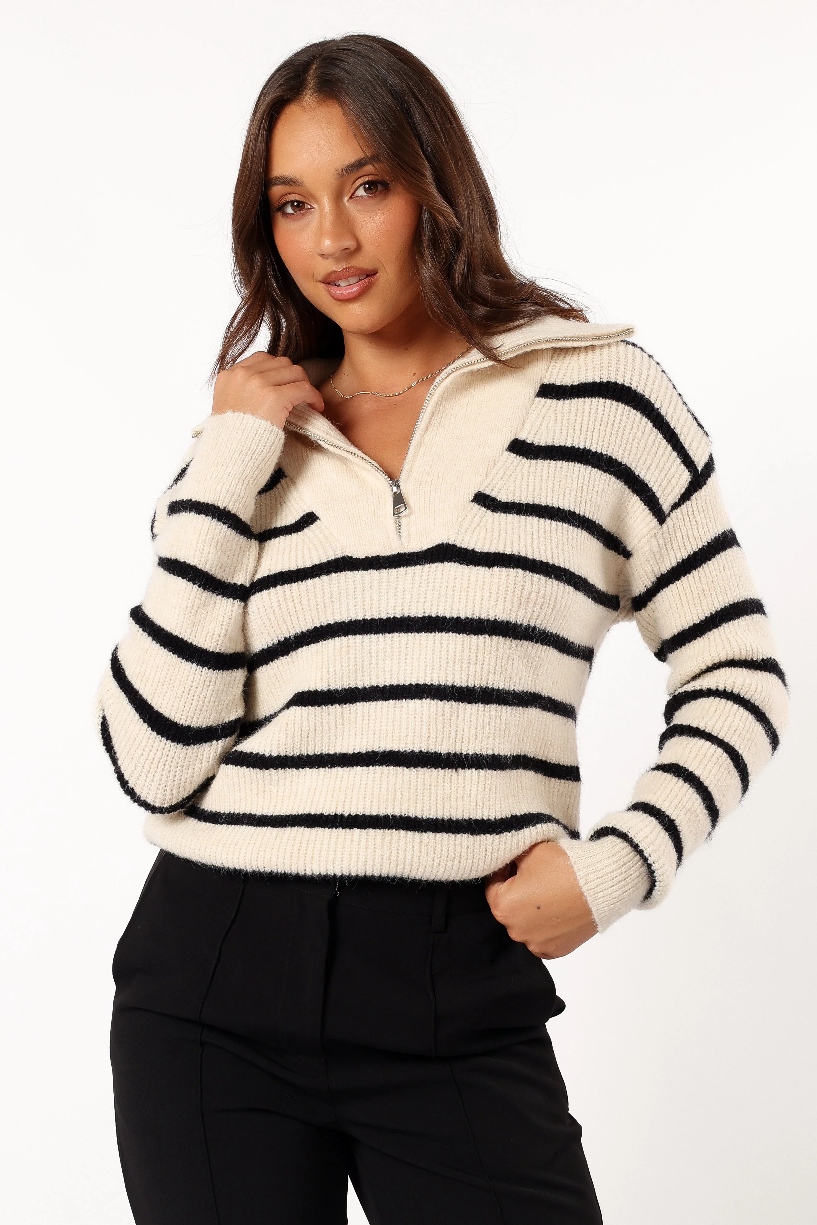 Everleigh Quarter Zip Striped Knit Sweater - Cream