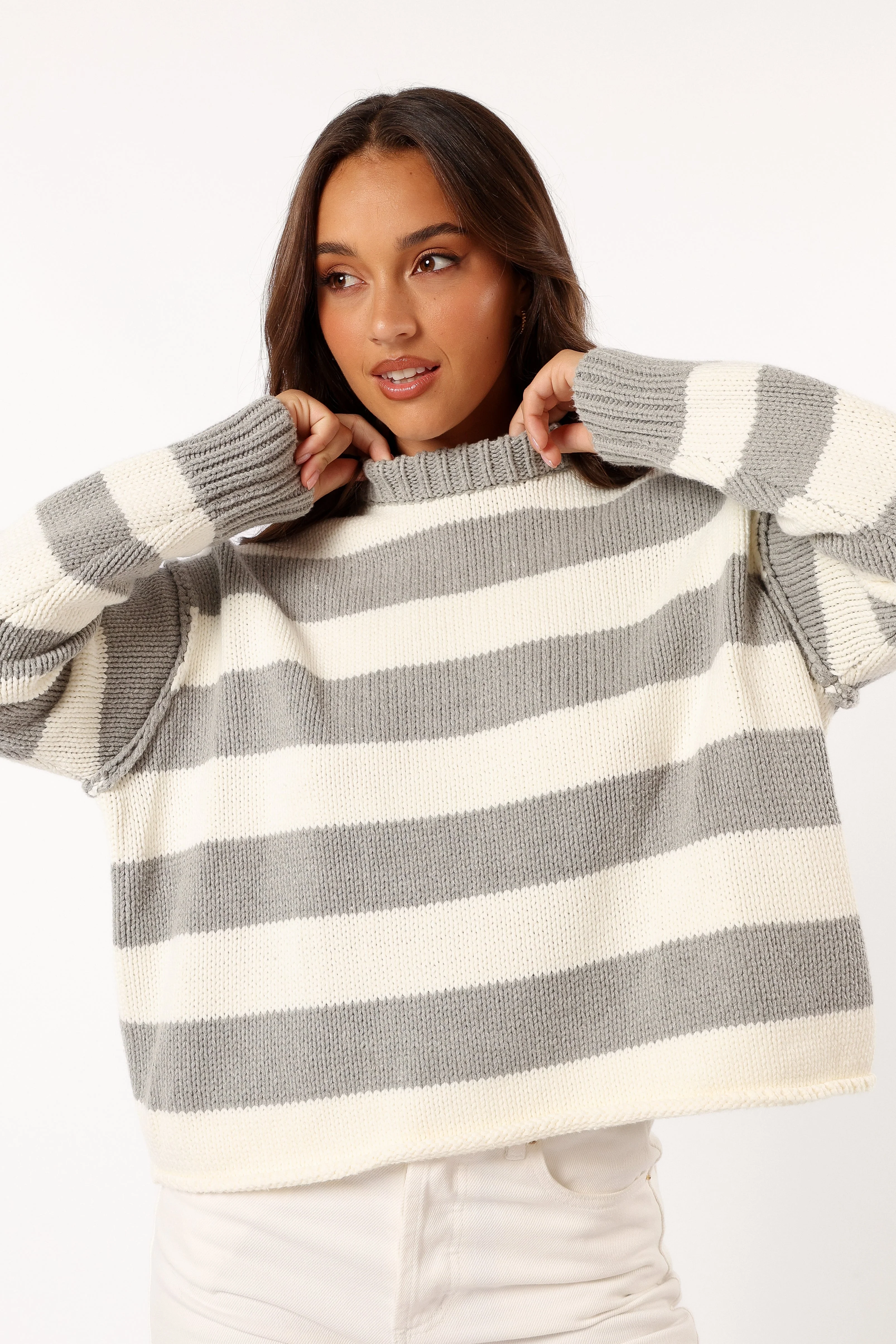 Gretchen Stripe Crewneck Knit Sweater - Grey