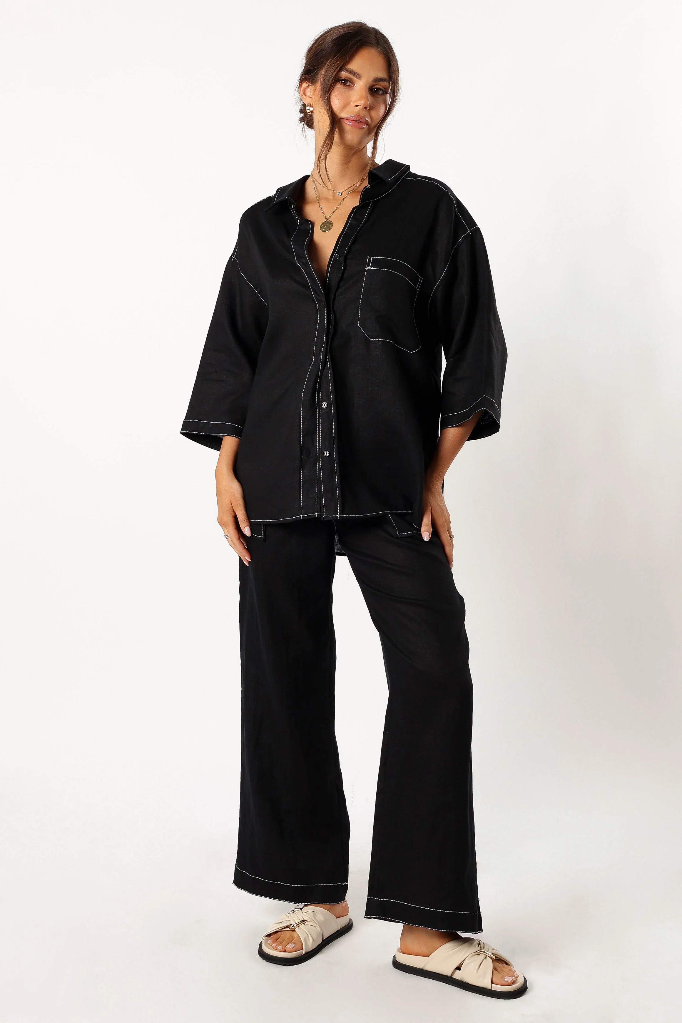 Sara Contrast Stitch Pants - Black