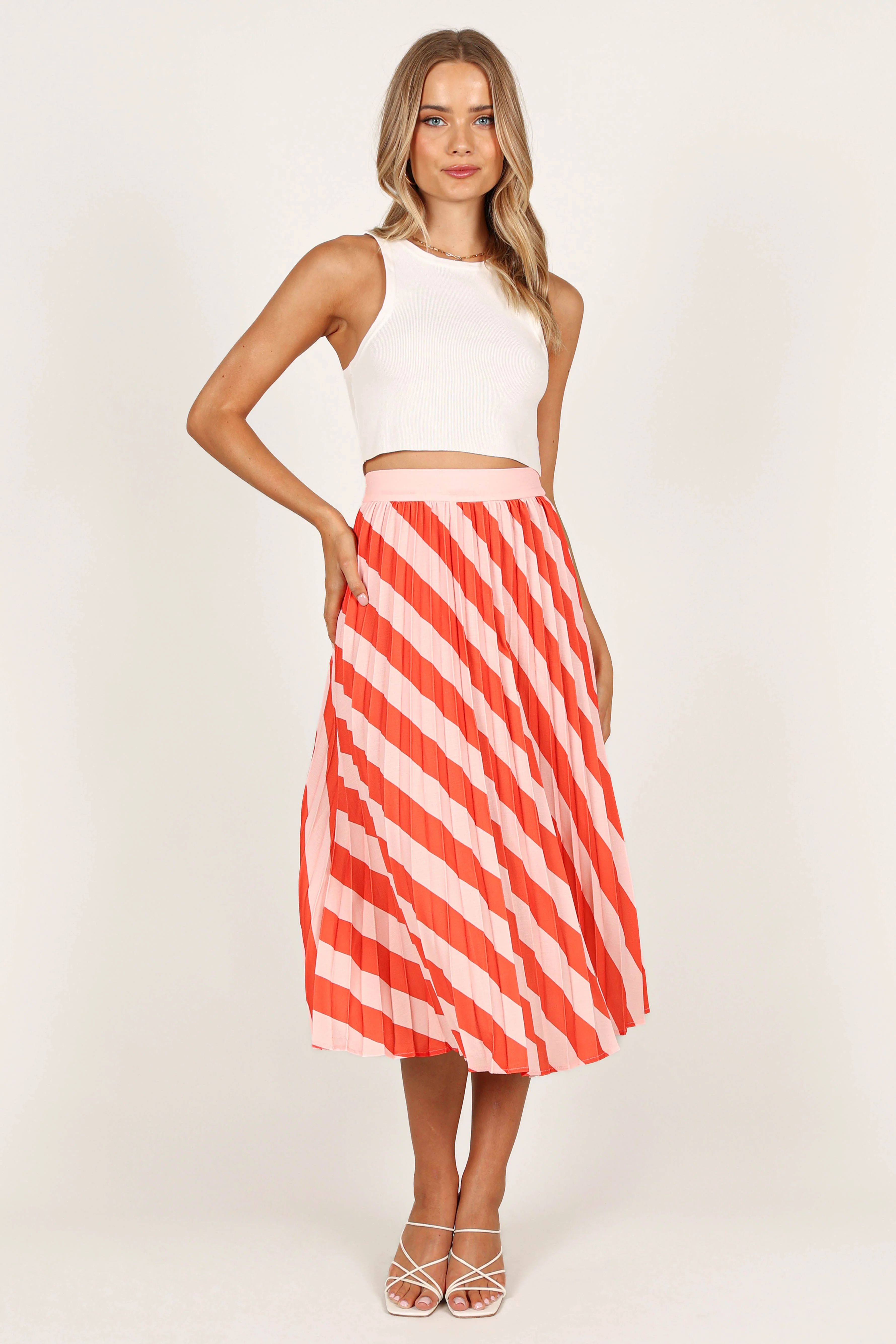 Kimberly Pleat Midi Skirt - Pink Stripe