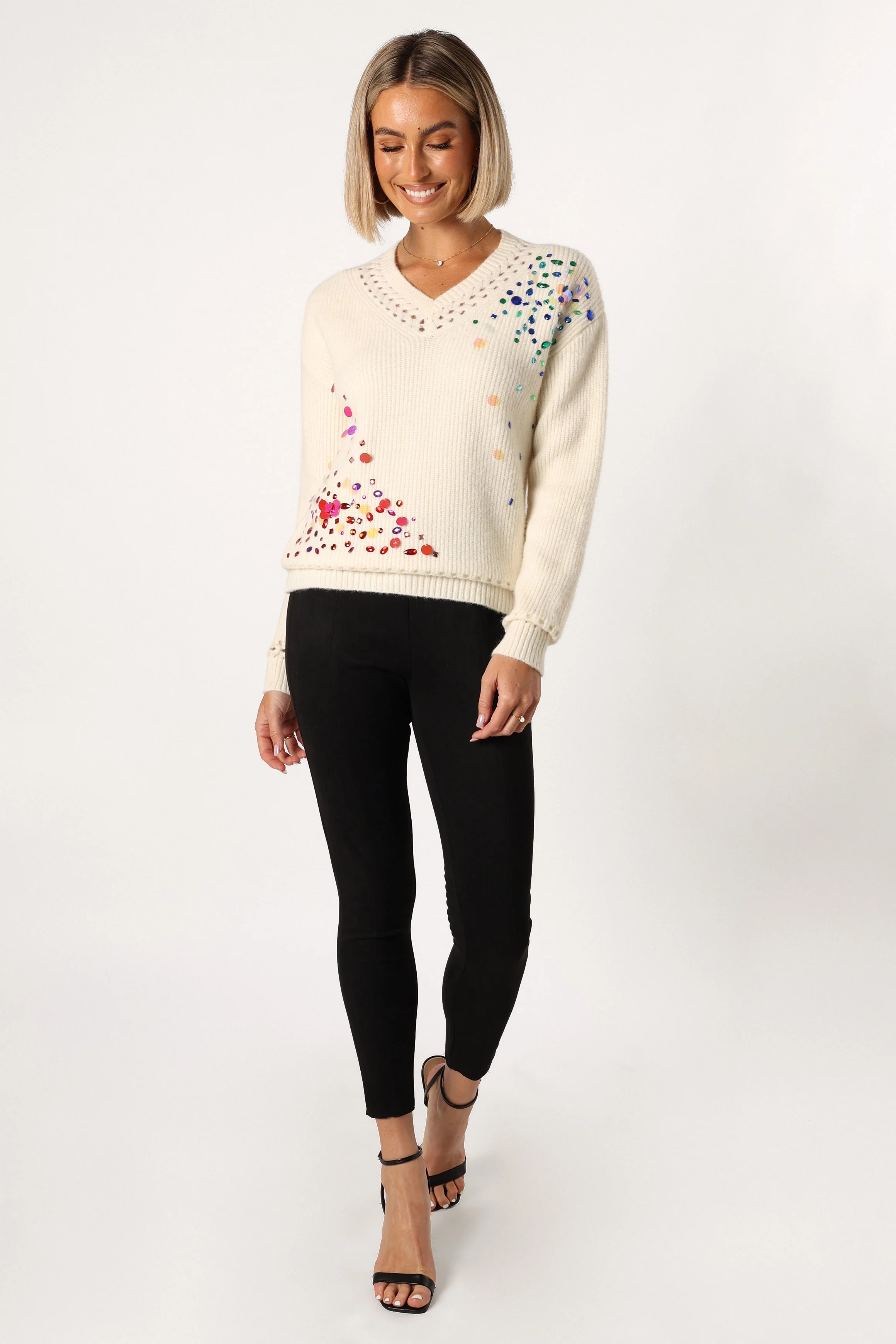 Journee Jewel Embellished V Neck Knit Sweater - Cream