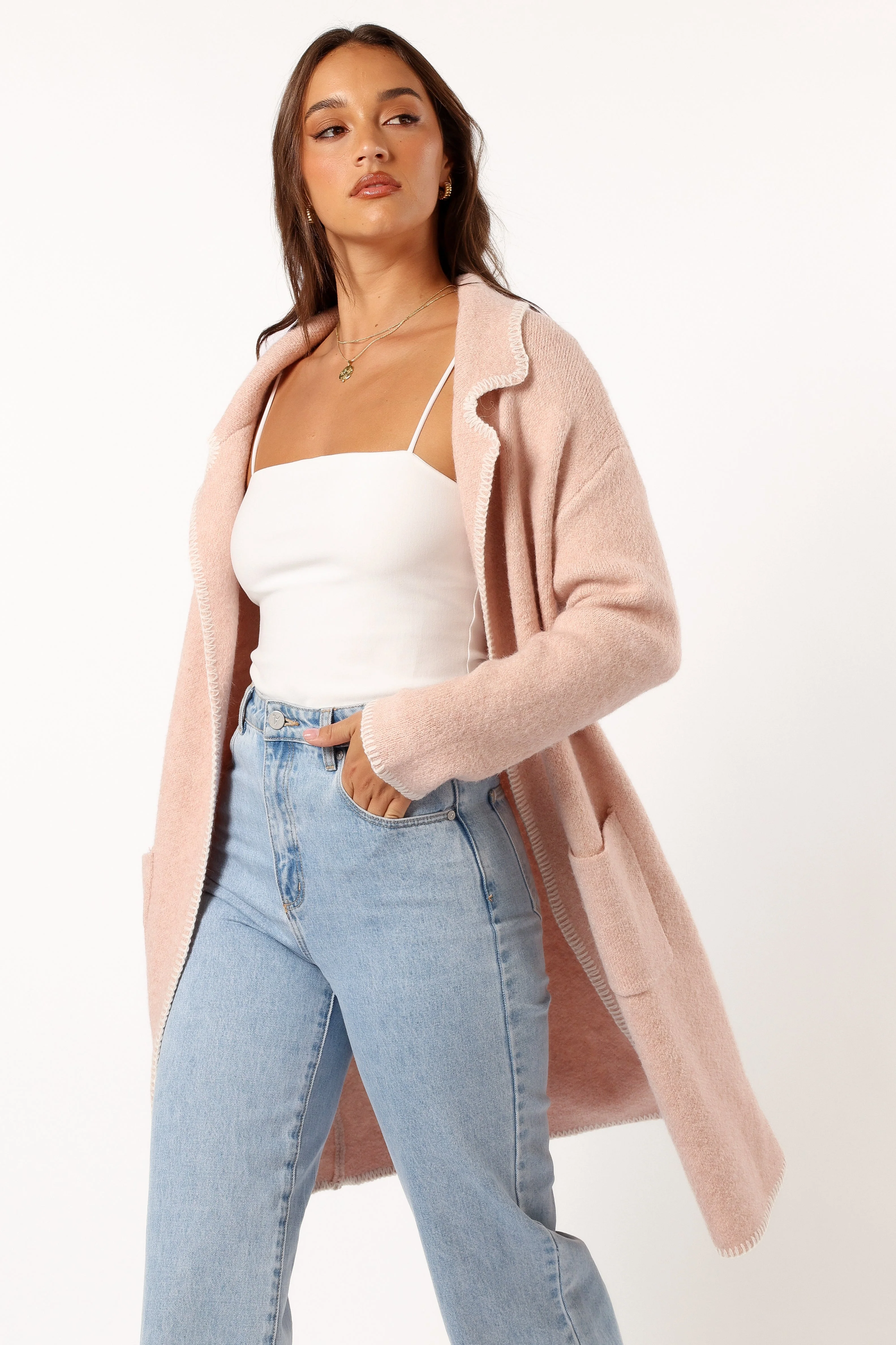 Oaklynn Contrast Stitch Coatigan - Pink