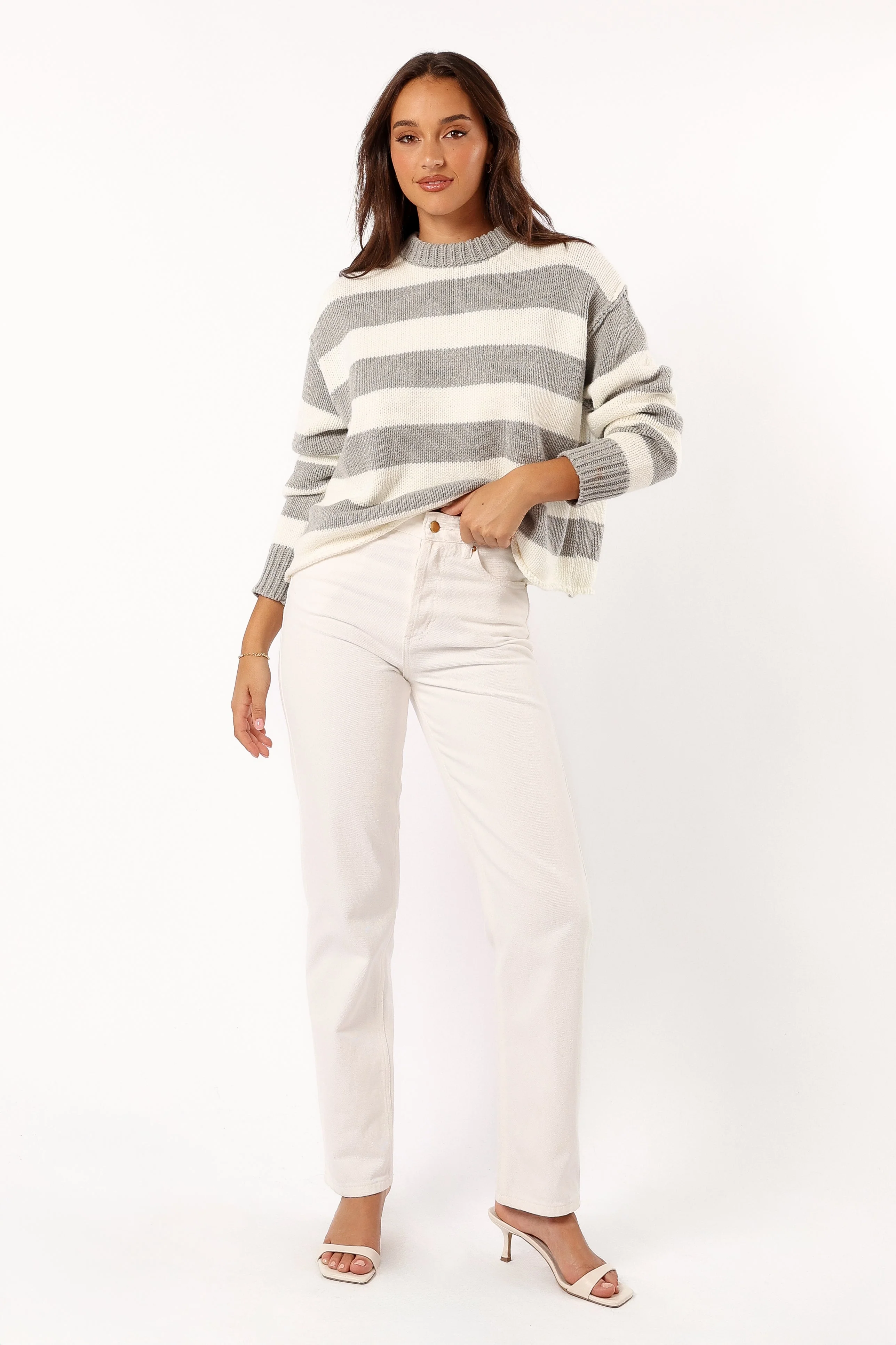 Gretchen Stripe Crewneck Knit Sweater - Grey