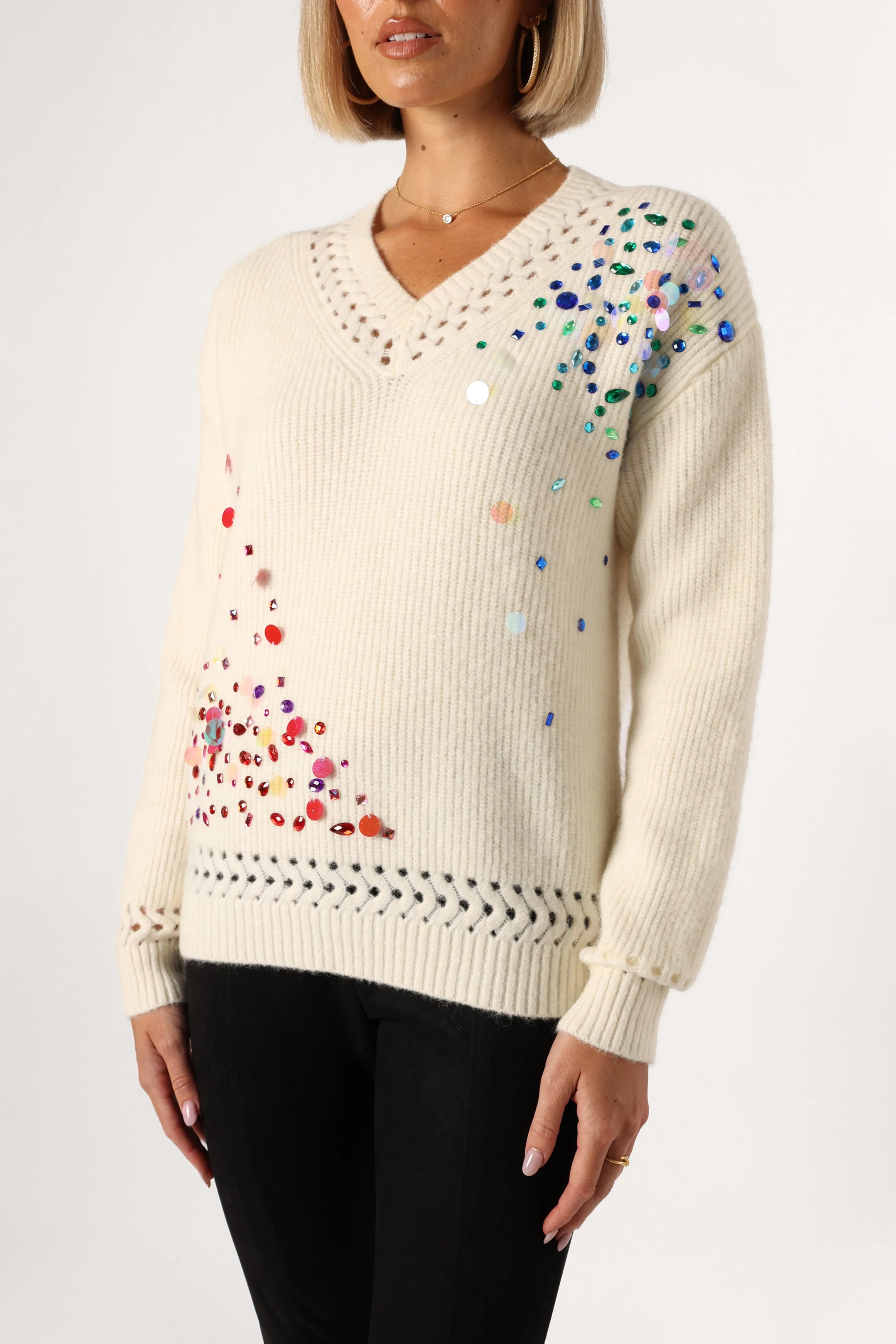 Journee Jewel Embellished V Neck Knit Sweater - Cream
