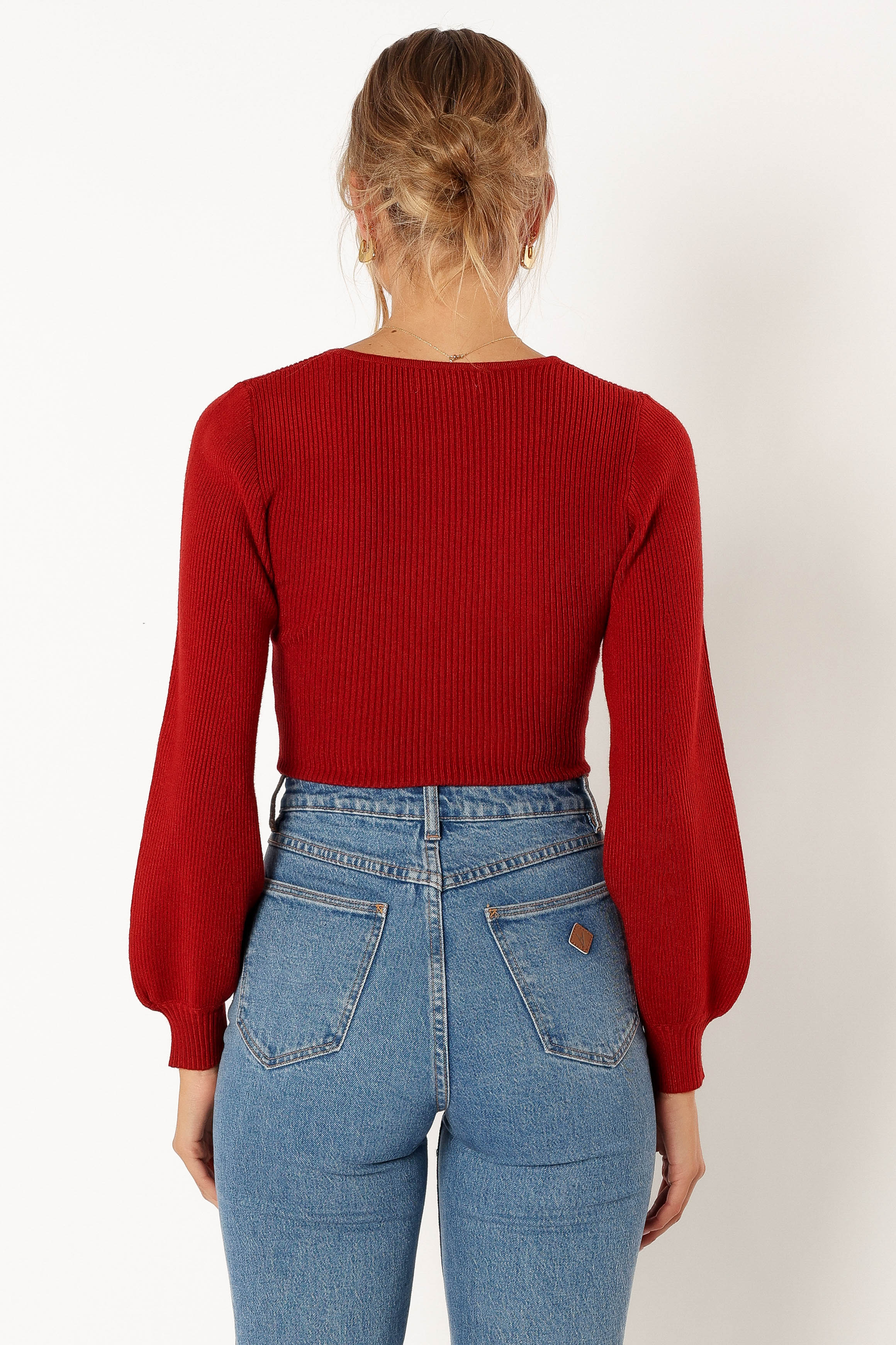 Daphne Crewneck Bubble Sleeve Knit Sweater - Burgundy