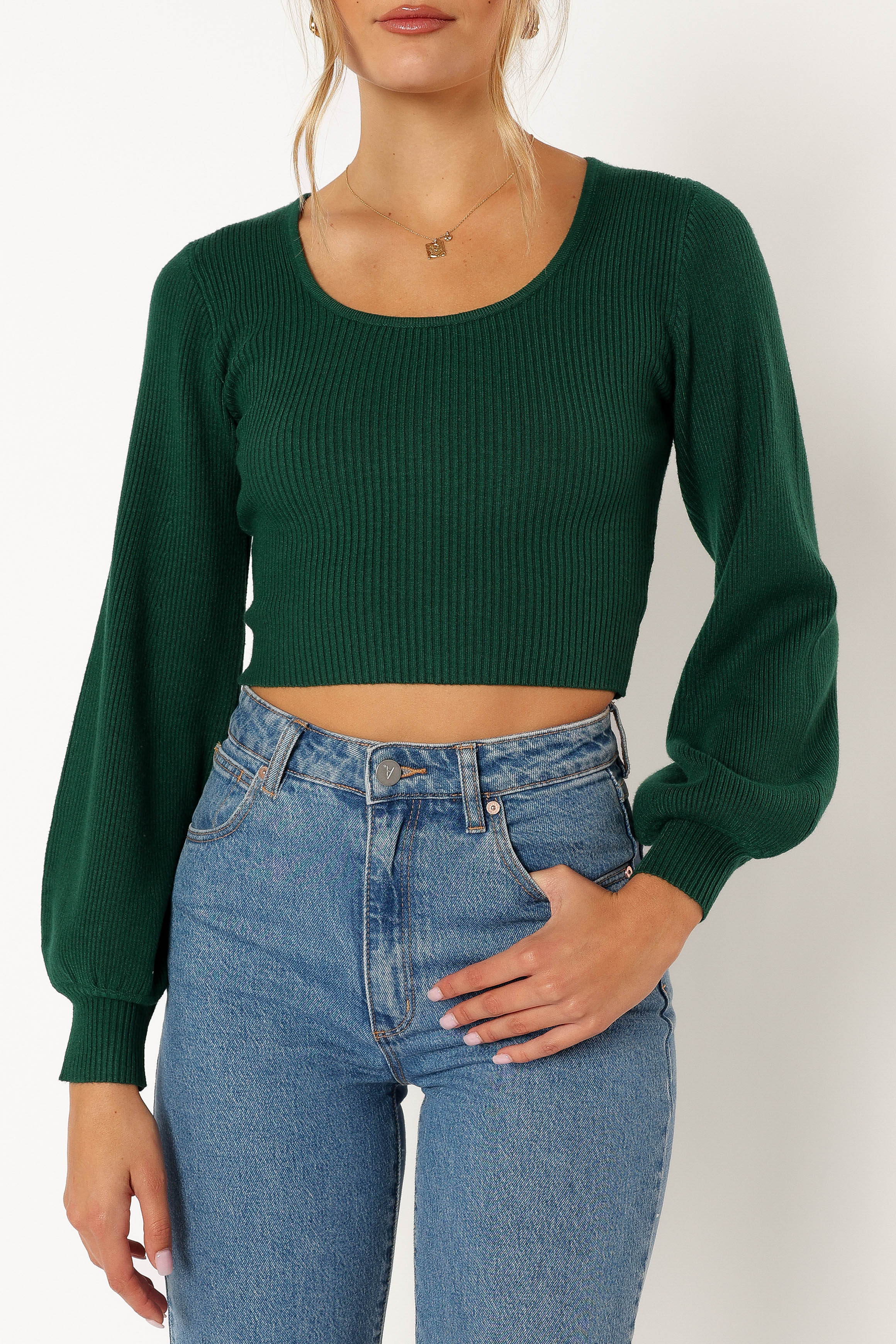 Daphne Crewneck Bubble Sleeve Knit Sweater - Dark Green