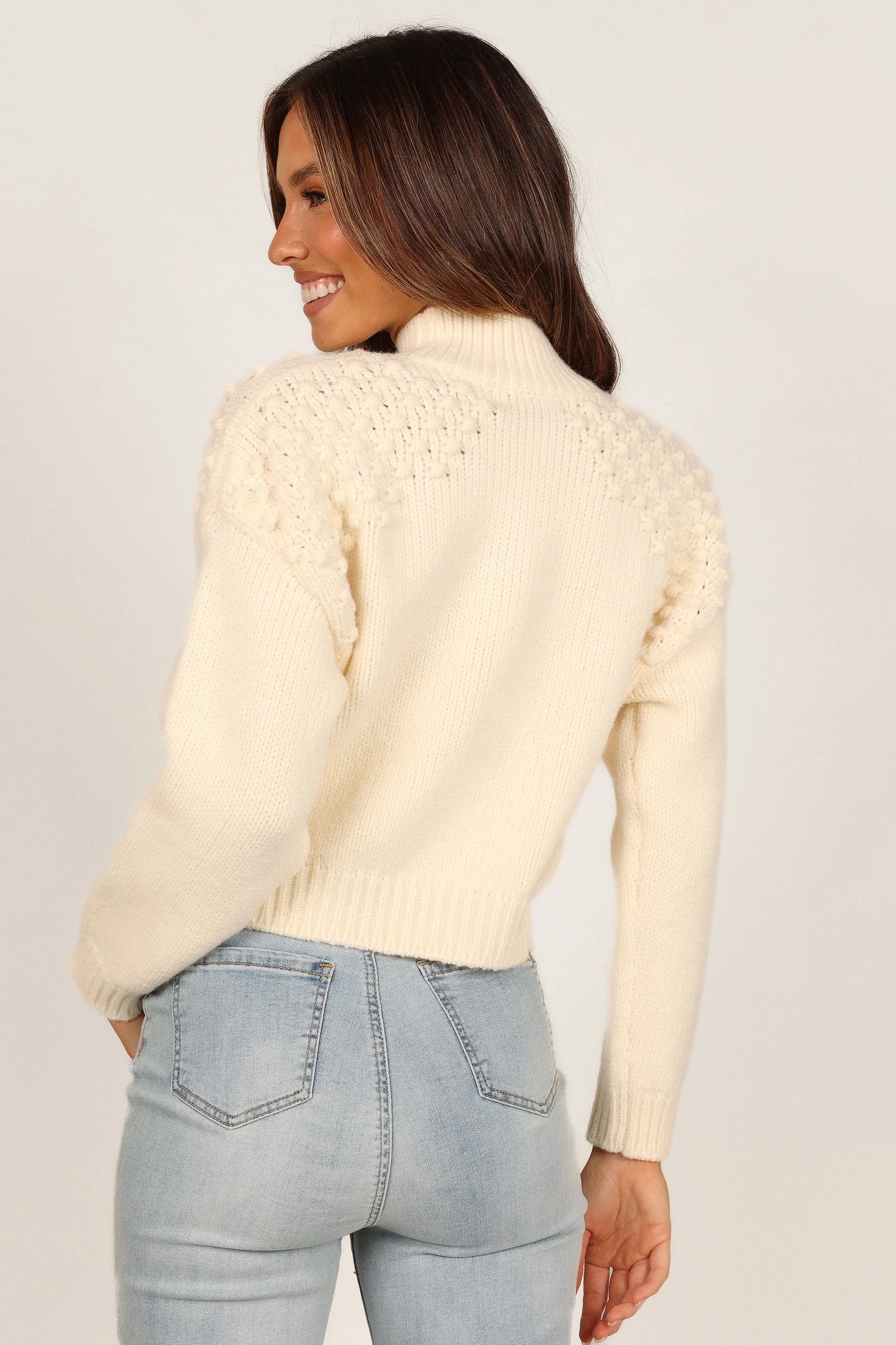 Mia Textured Shoulder Knit Sweater - Cream