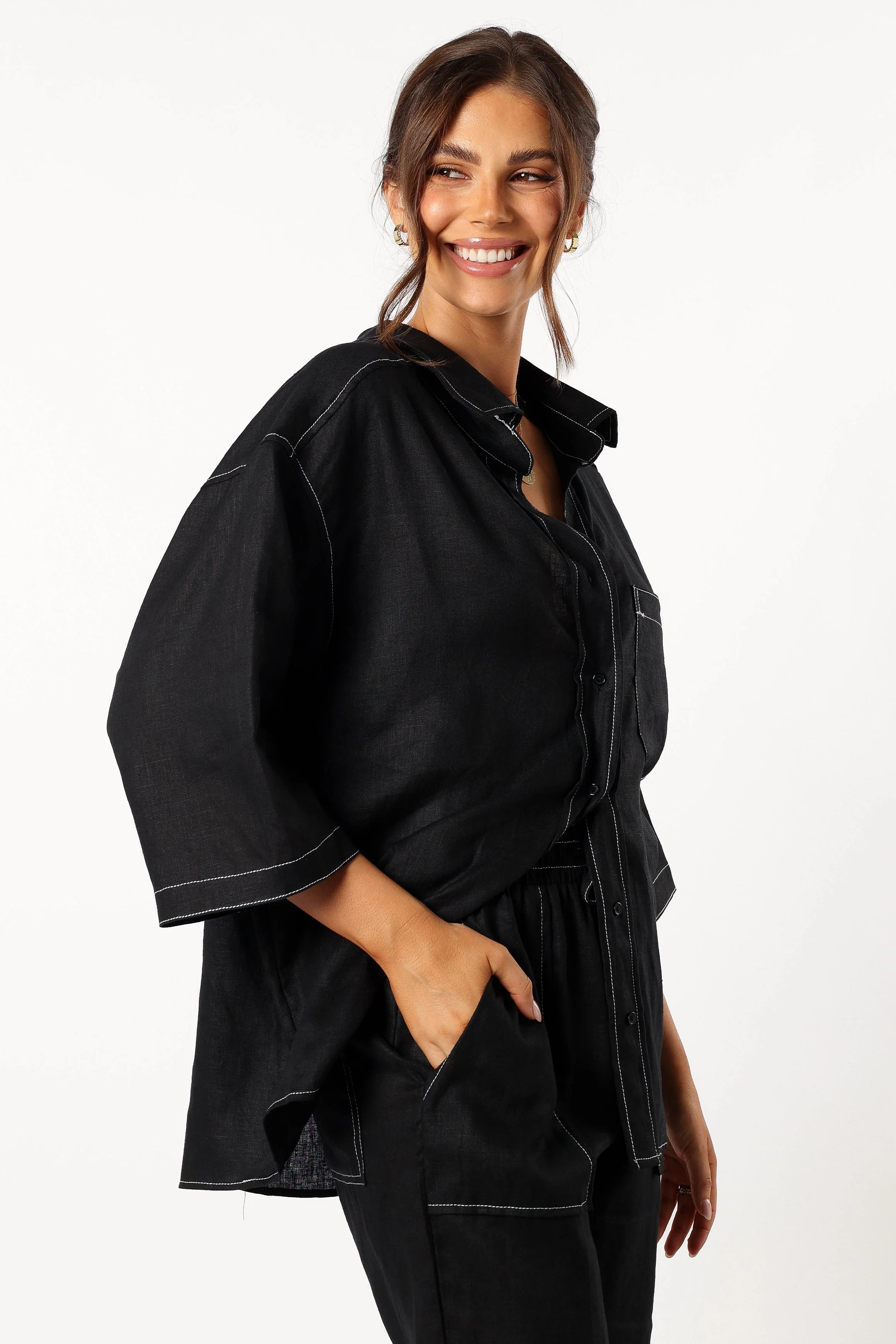 Sara Contrast Stitch Shirt - Black