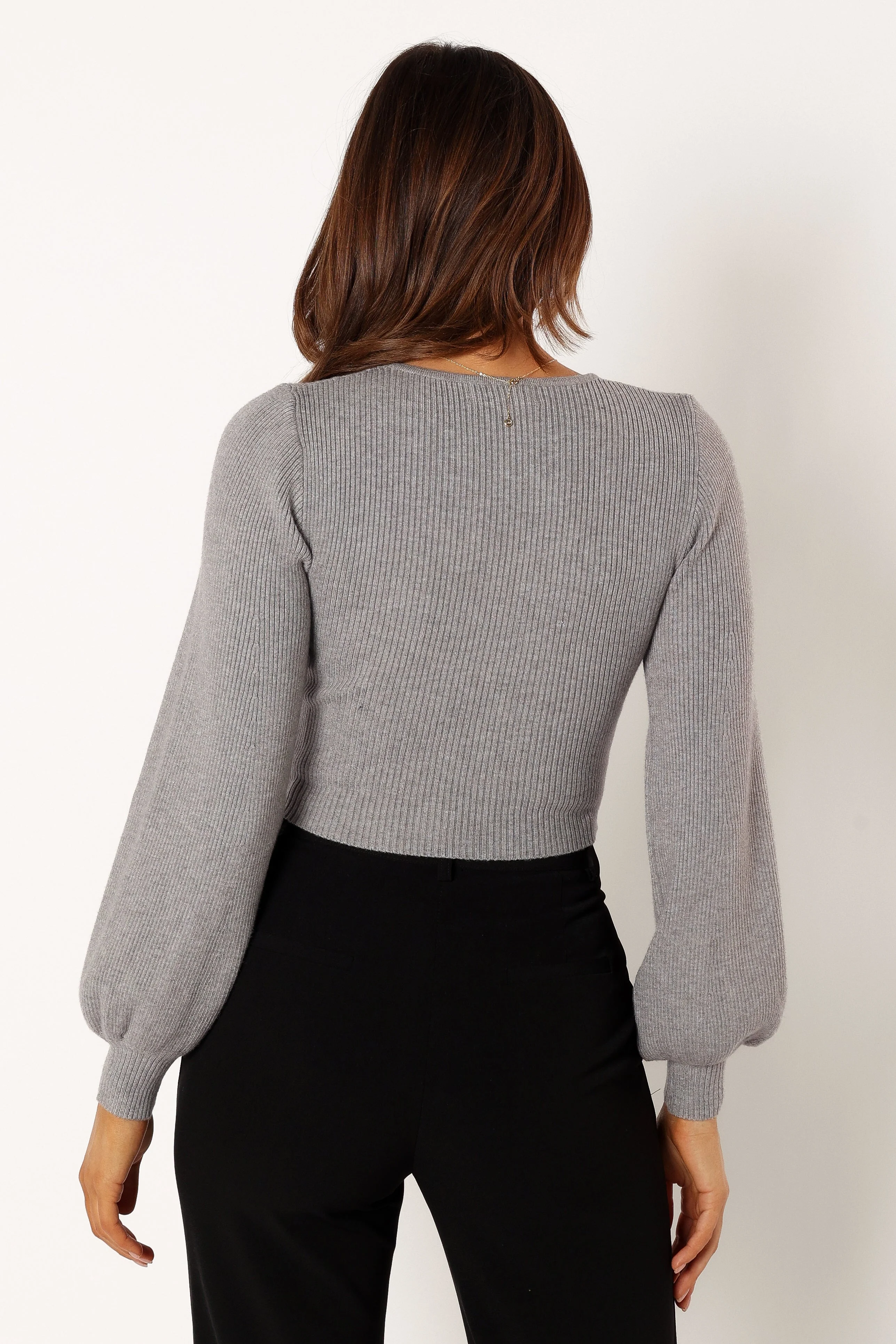 Daphne Crewneck Bubble Sleeve Knit Sweater - Charcoal