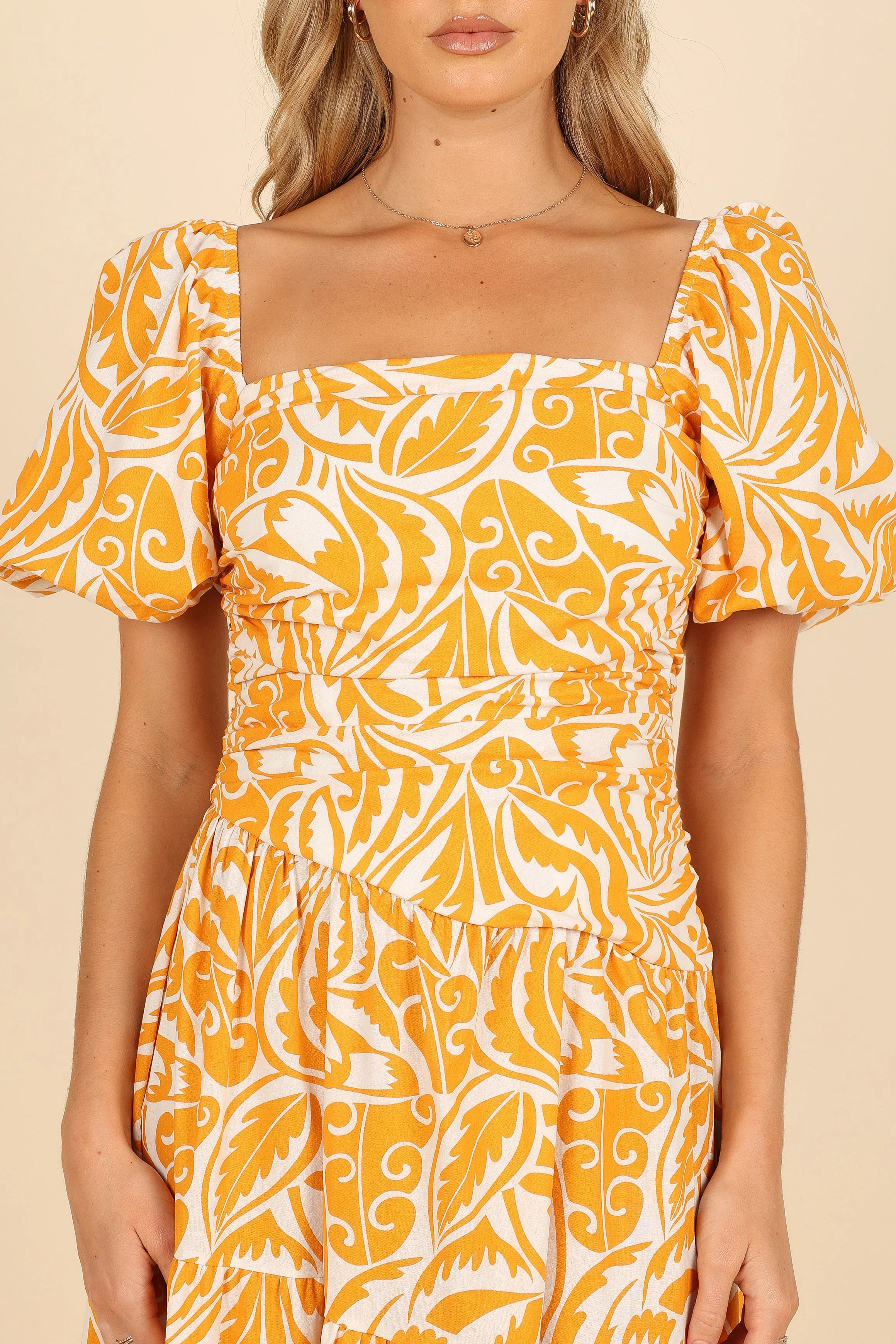 Gaylia Puff Sleeve Midi Dress - White/Orange