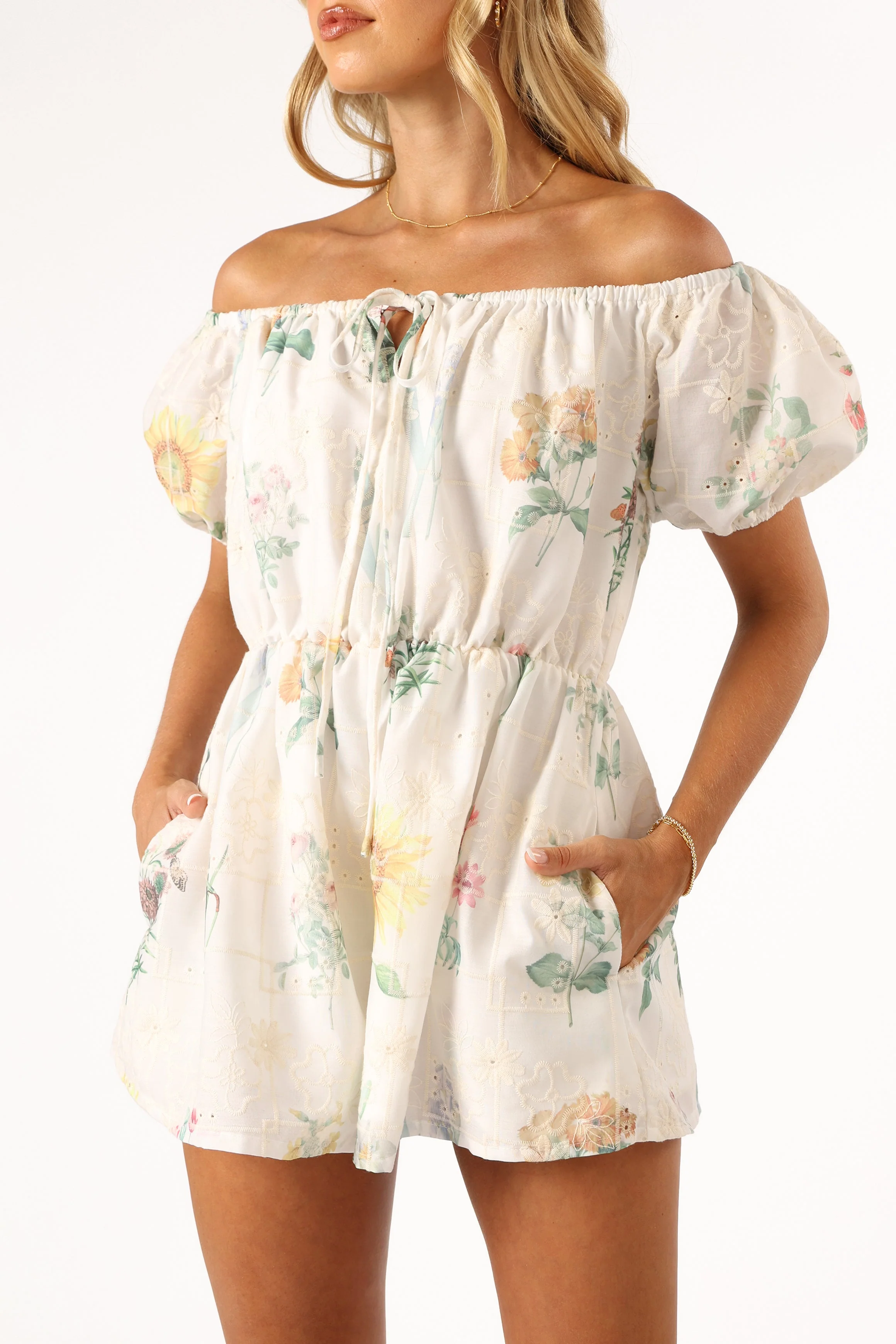 Keleigh Off Shoulder Playsuit - White Floral
