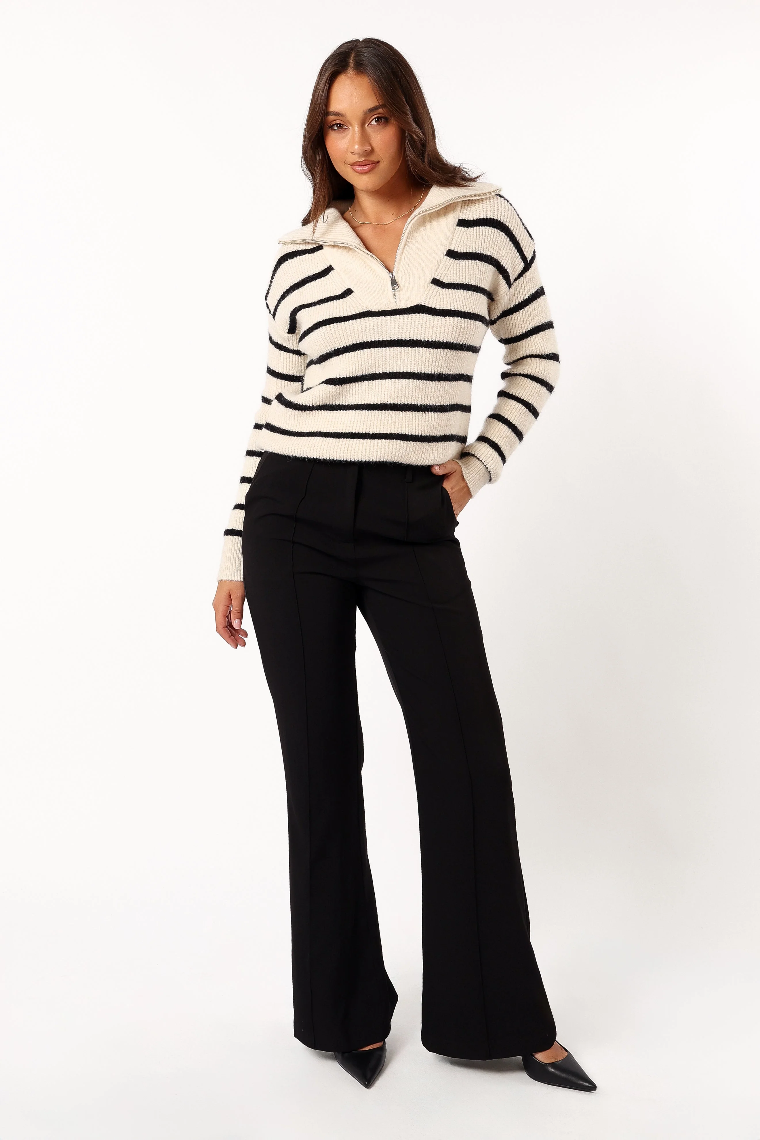Everleigh Quarter Zip Striped Knit Sweater - Cream