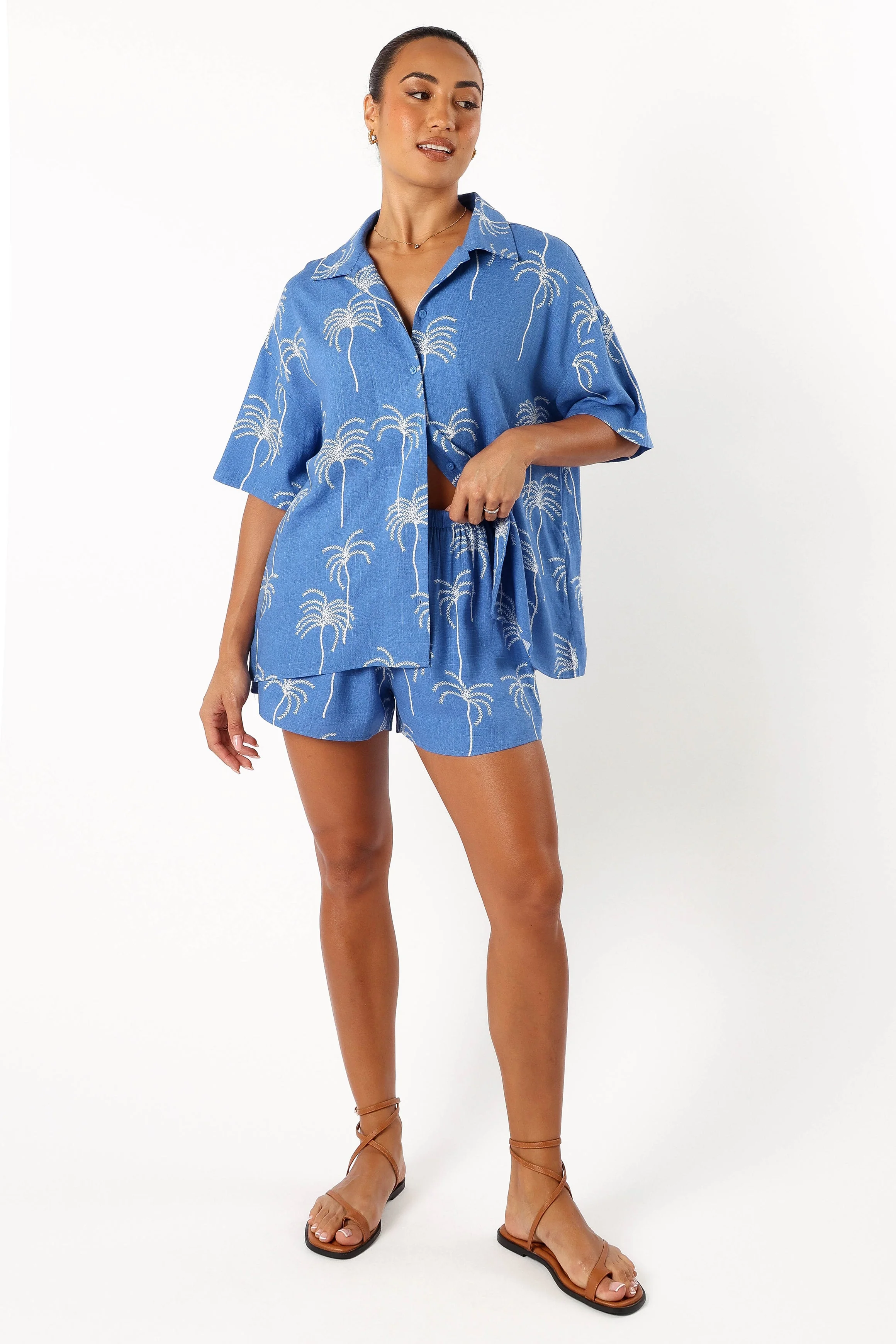 Amira Short Sleeve Shirt - Blue Palm Print