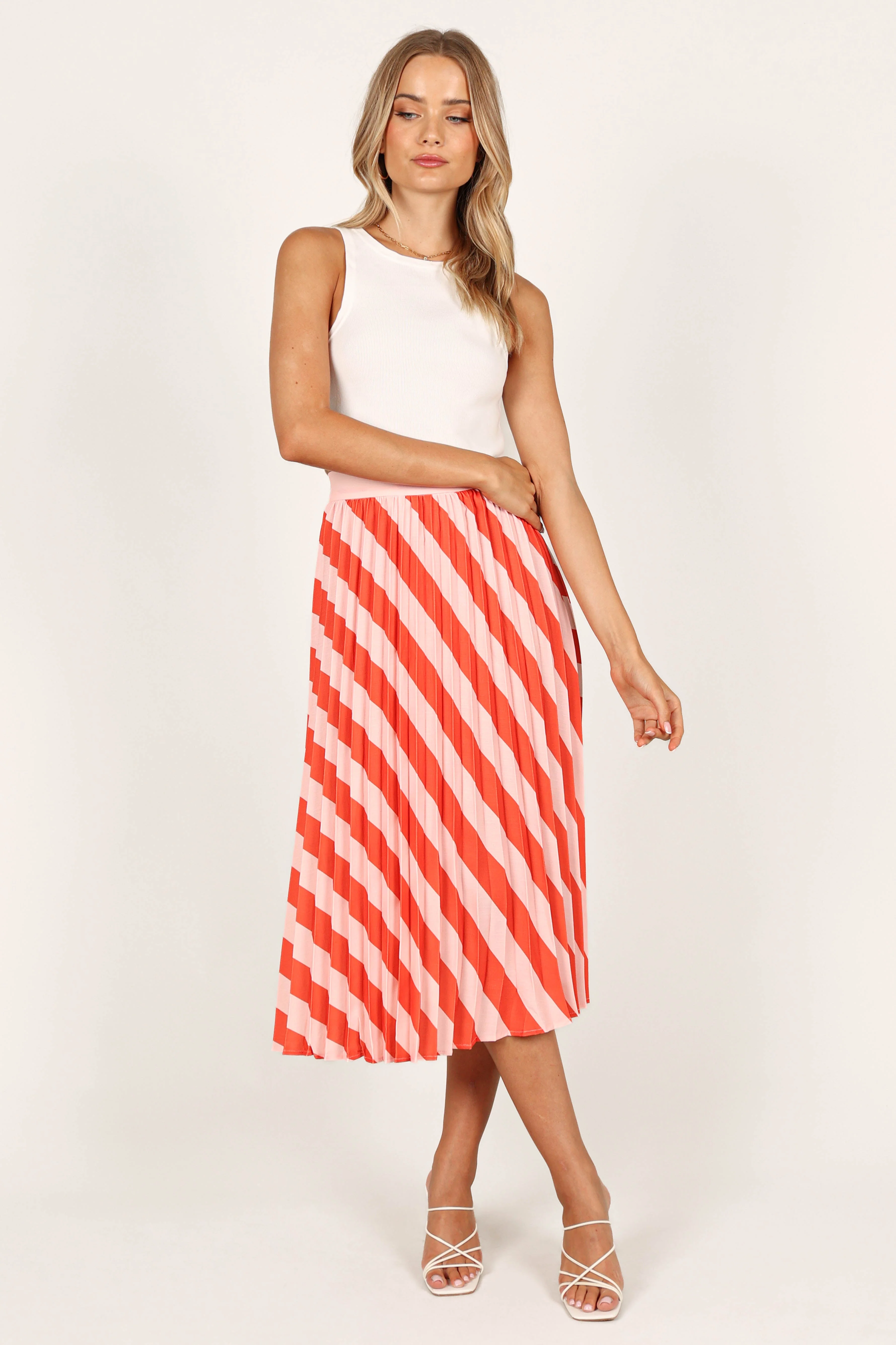 Kimberly Pleat Midi Skirt - Pink Stripe