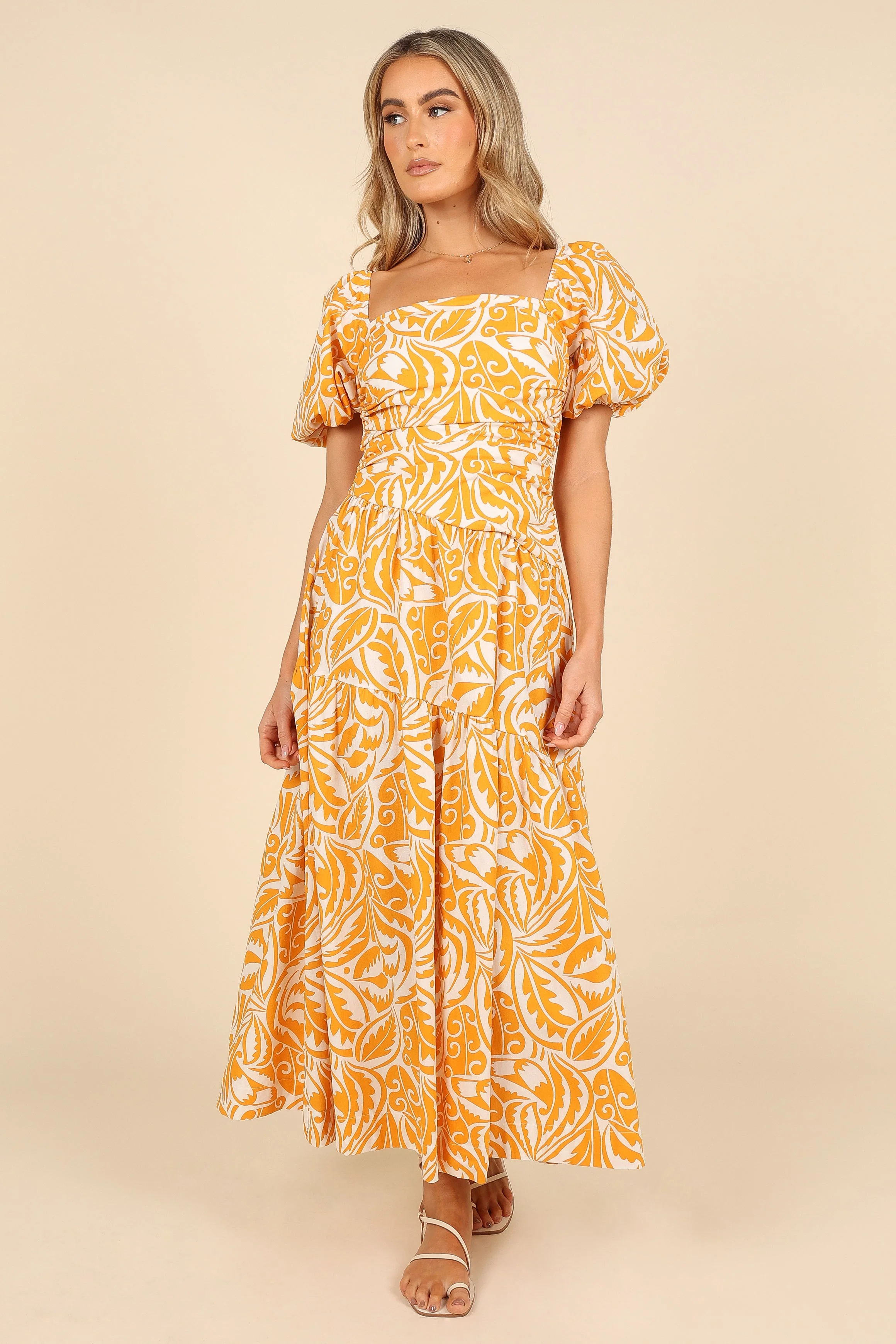Gaylia Puff Sleeve Midi Dress - White/Orange