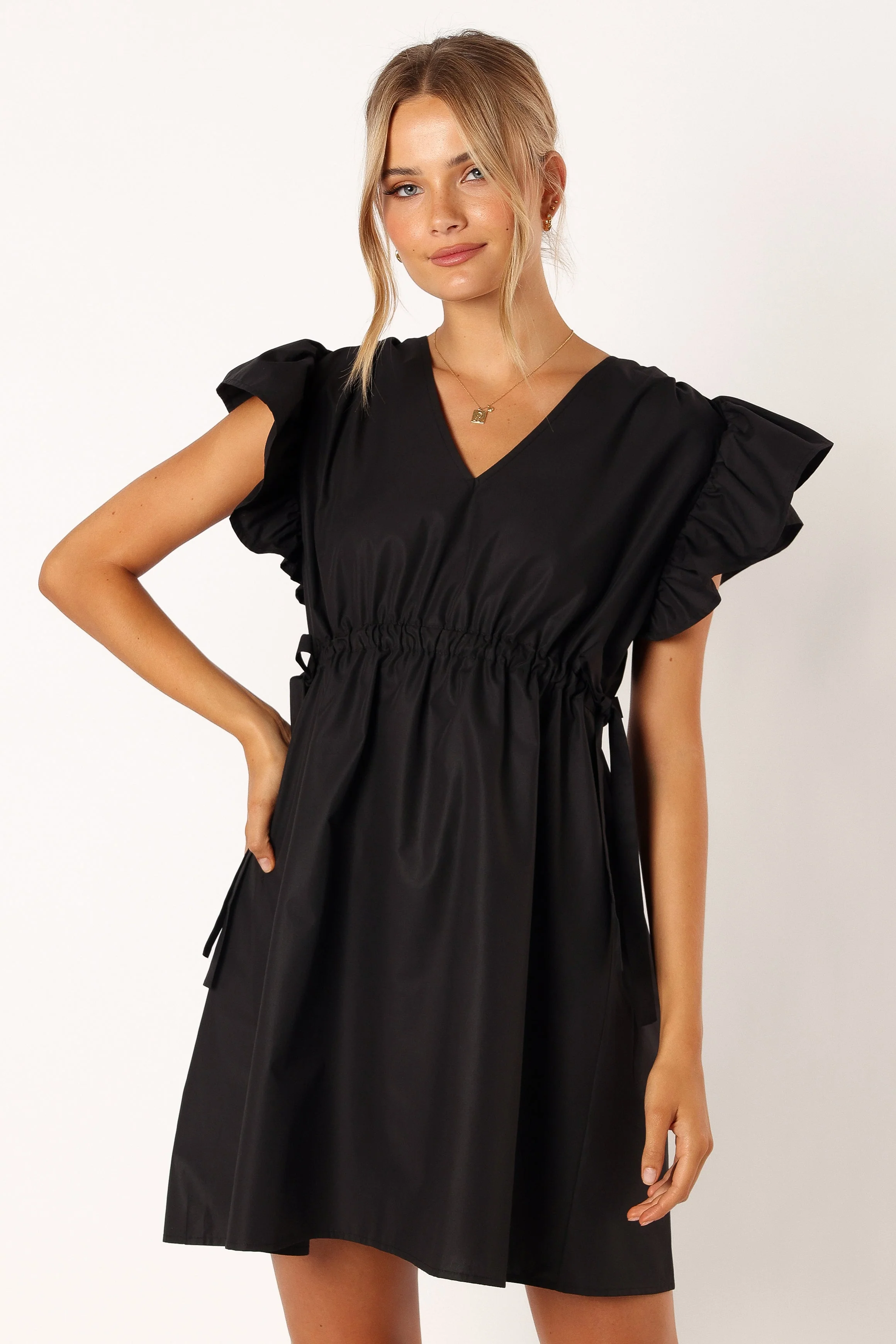 Fiona Ruffle Sleeve Mini Dress - Black