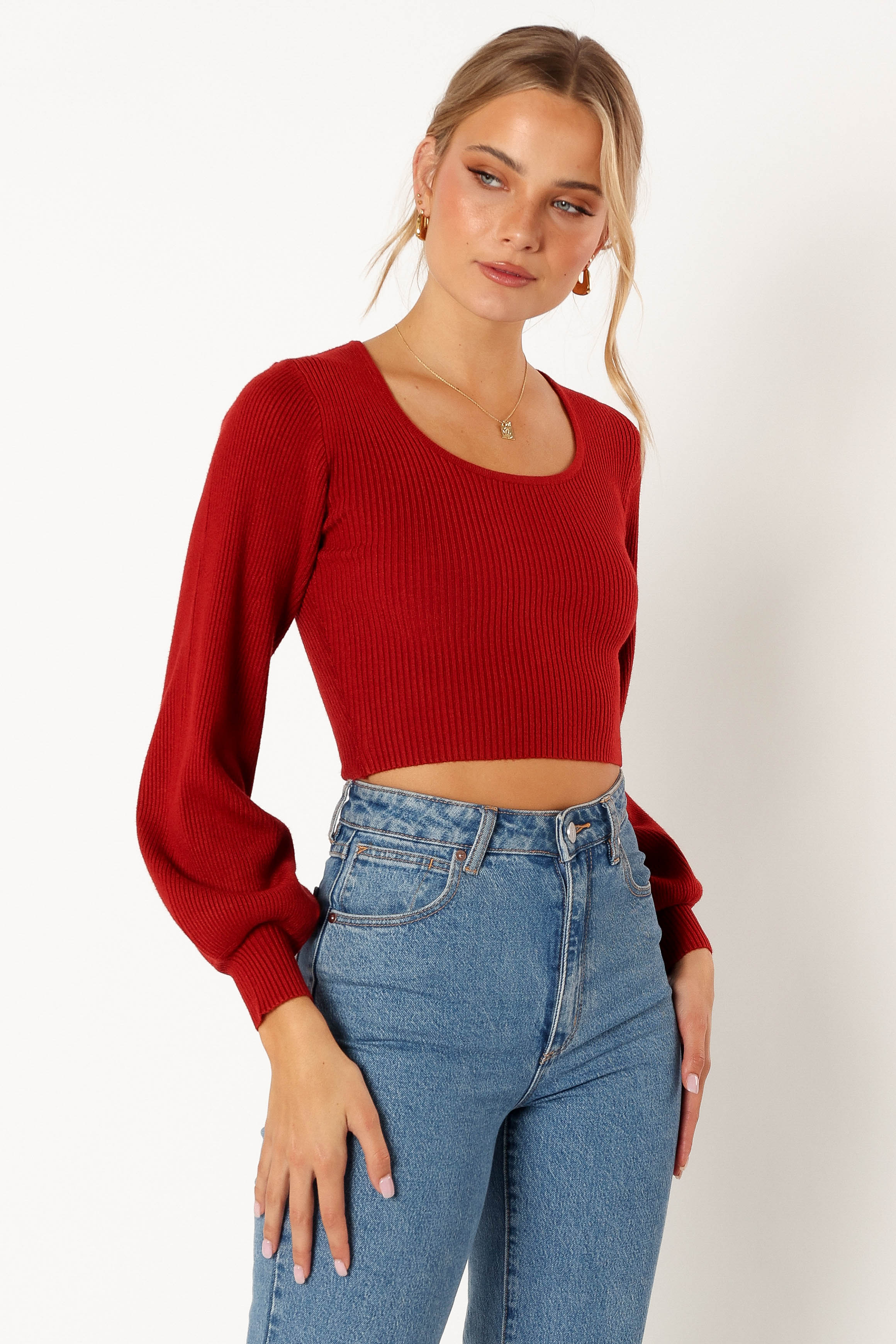 Daphne Crewneck Bubble Sleeve Knit Sweater - Burgundy